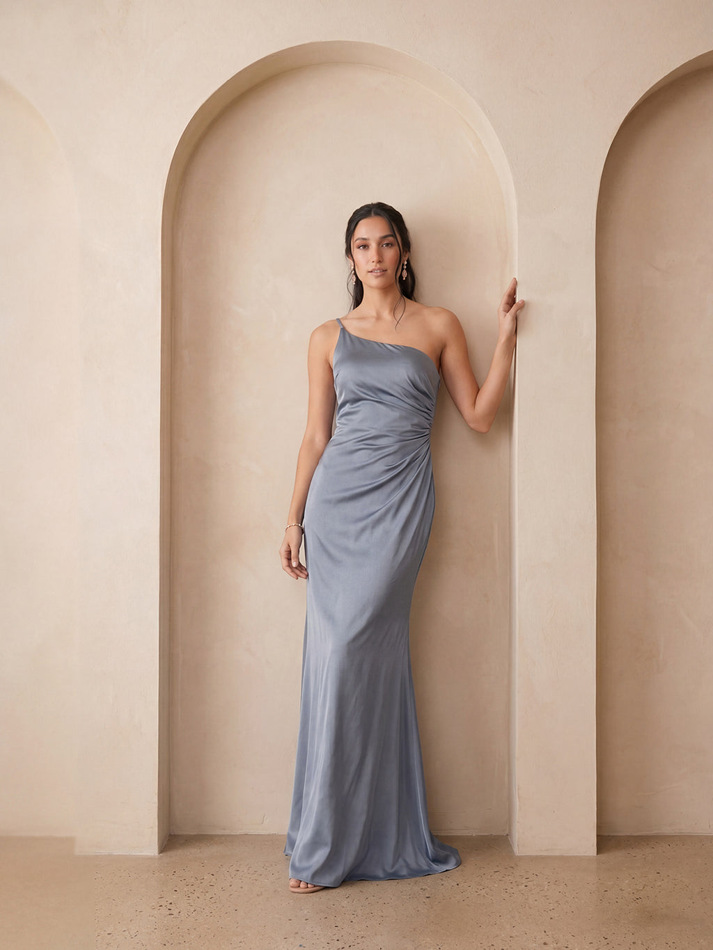 Sexy Dusty Blue Satin Trumpet One Shoulder Backless PleatedDetail Bridesmaid Dress