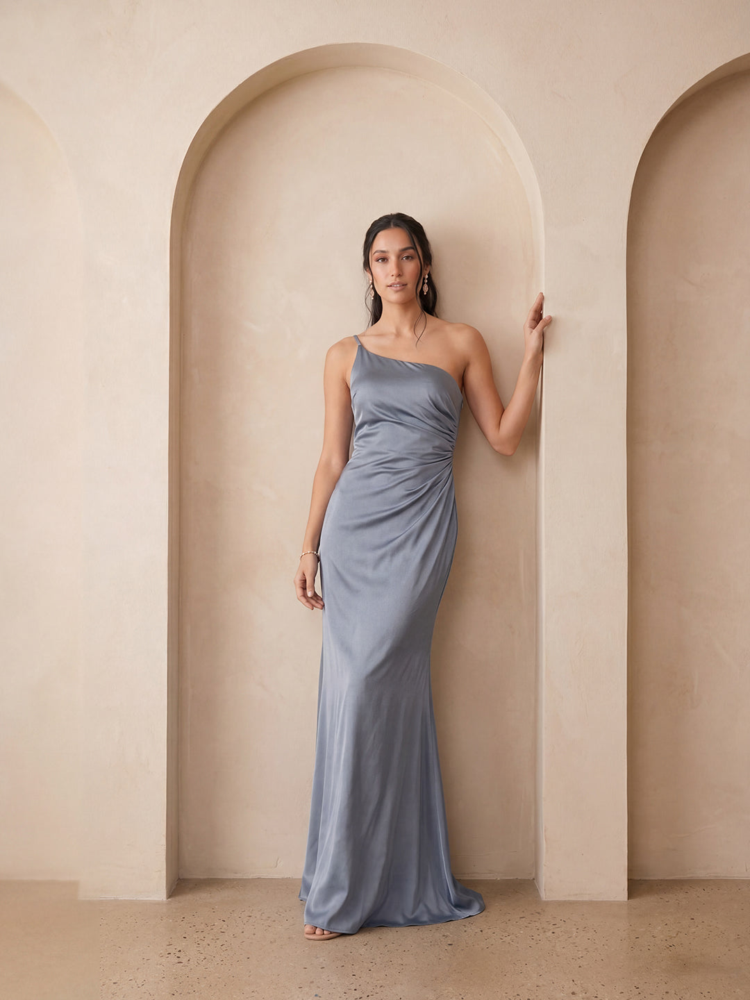 Sexy Dusty Blue Satin Trumpet One Shoulder Backless PleatedDetail Bridesmaid Dress