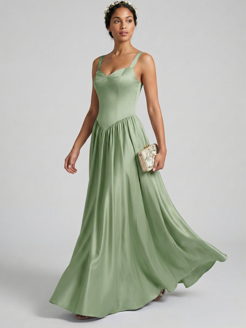 Sexy Dusty Sage Satin A-Line Sweetheart Criss-Cross Straps Ankle-Length Bridesmaid Dress