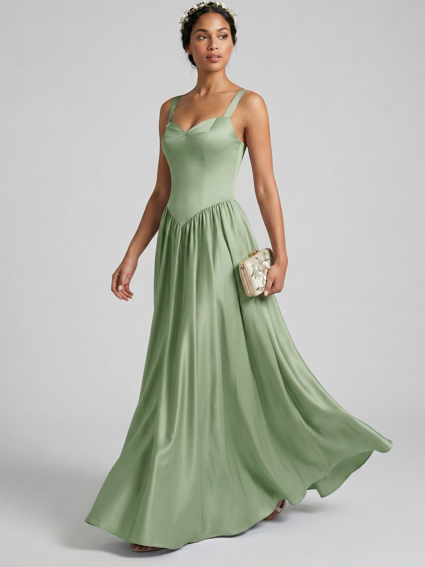 Sexy Dusty Sage Satin A-Line Sweetheart Criss-Cross Straps Ankle-Length Bridesmaid Dress