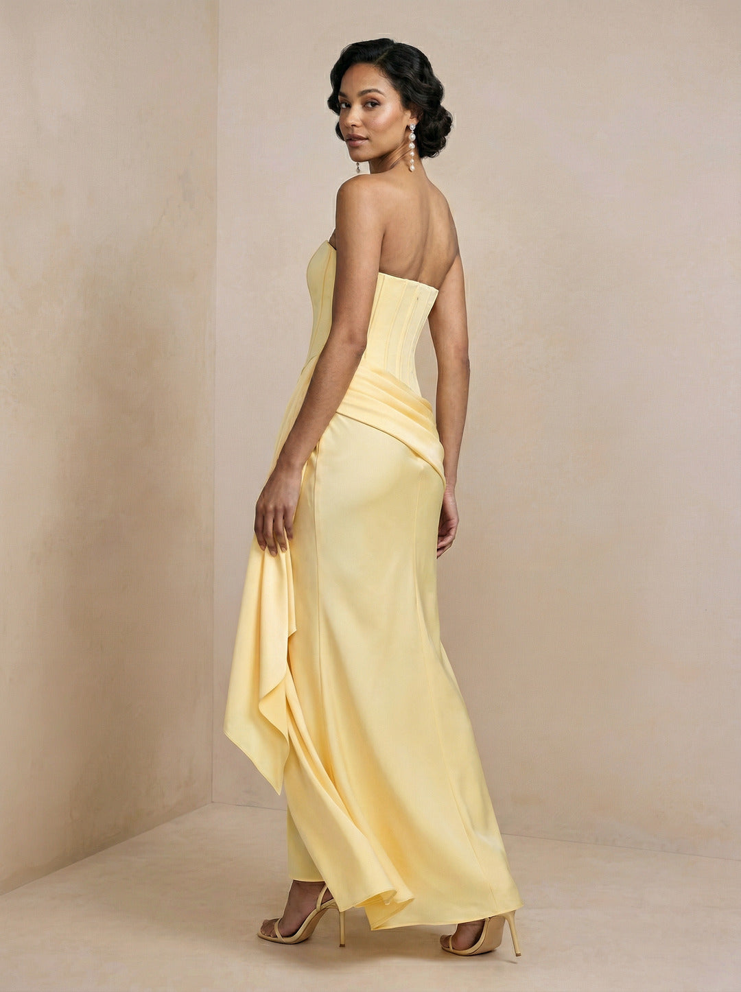 Sexy Lemon Satin Column Off-the-Shoulder Side Zip Ankle-Length Bridesmaid Dress