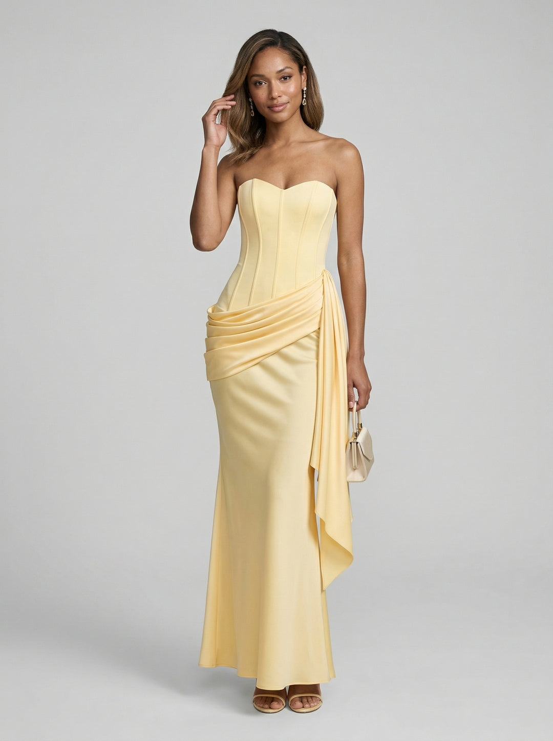 Sexy Lemon Satin Column Off-the-Shoulder Side Zip Ankle-Length Bridesmaid Dress