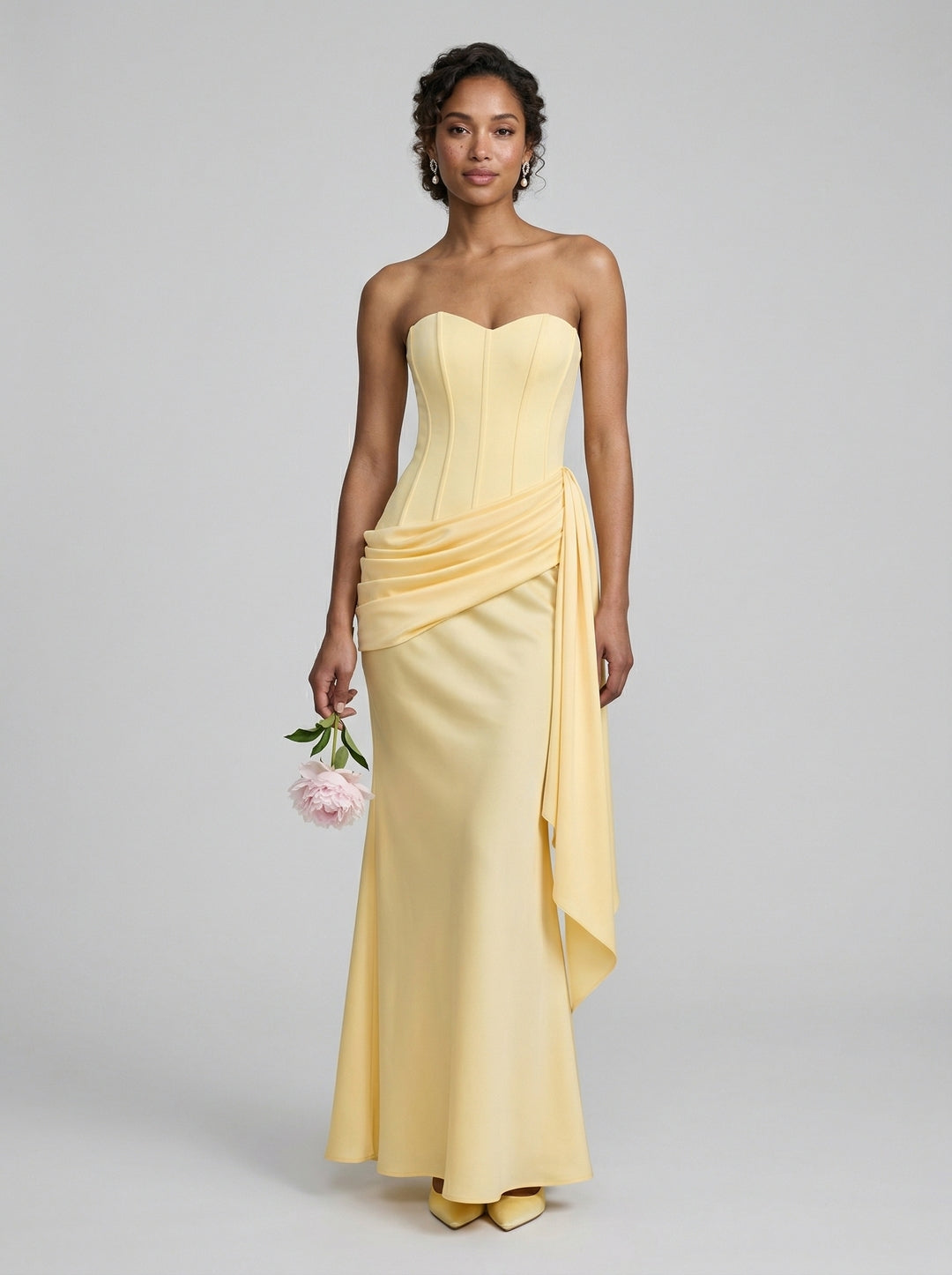 Sexy Lemon Satin Column Off-the-Shoulder Side Zip Ankle-Length Bridesmaid Dress