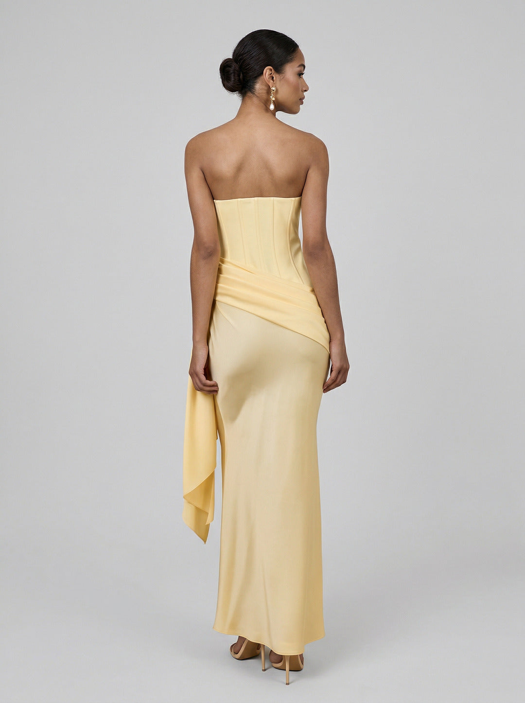 Sexy Lemon Satin Column Off-the-Shoulder Side Zip Ankle-Length Bridesmaid Dress
