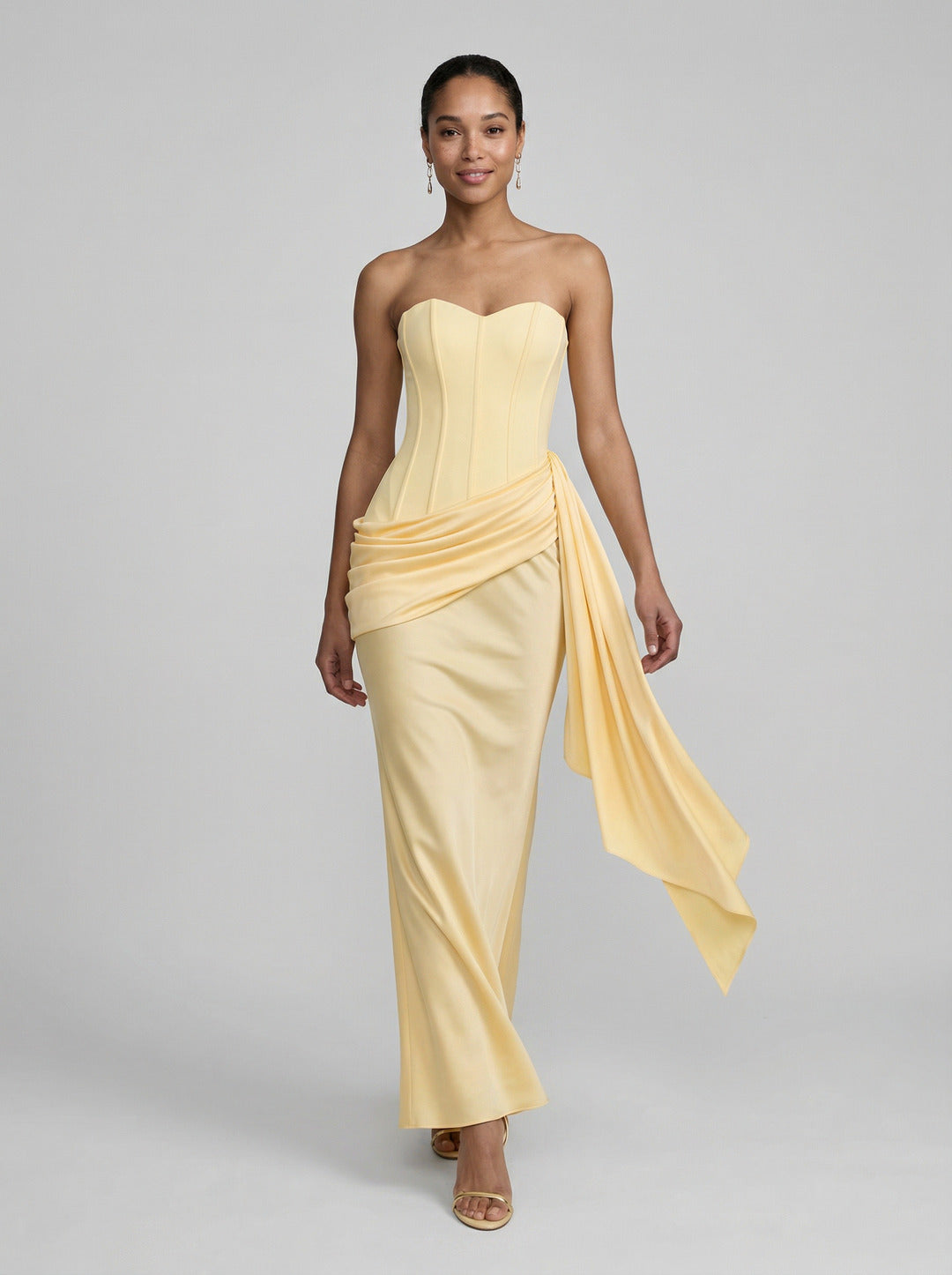 Sexy Lemon Satin Column Off-the-Shoulder Side Zip Ankle-Length Bridesmaid Dress