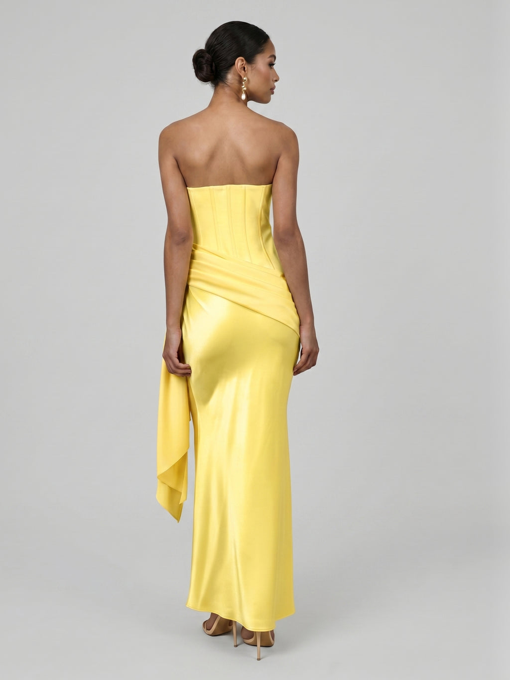 Sexy Lemon Satin Column Off-the-Shoulder Side Zip Ankle-Length Bridesmaid Dress