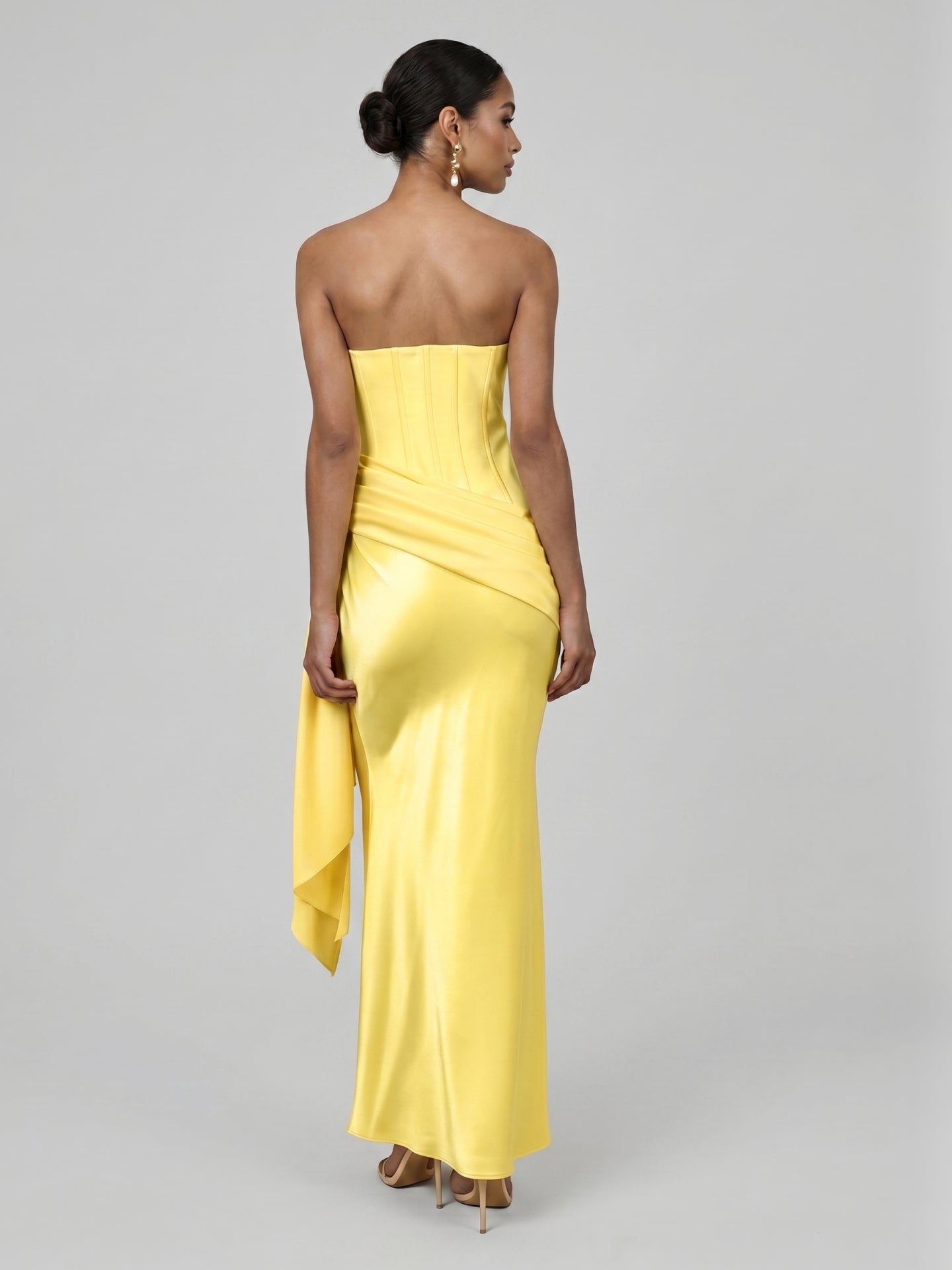 Sexy Lemon Satin Column Off-the-Shoulder Side Zip Ankle-Length Bridesmaid Dress