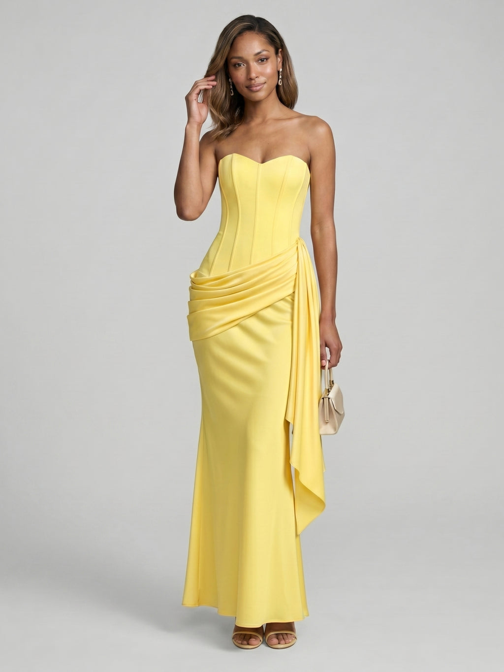 Sexy Lemon Satin Column Off-the-Shoulder Side Zip Ankle-Length Bridesmaid Dress