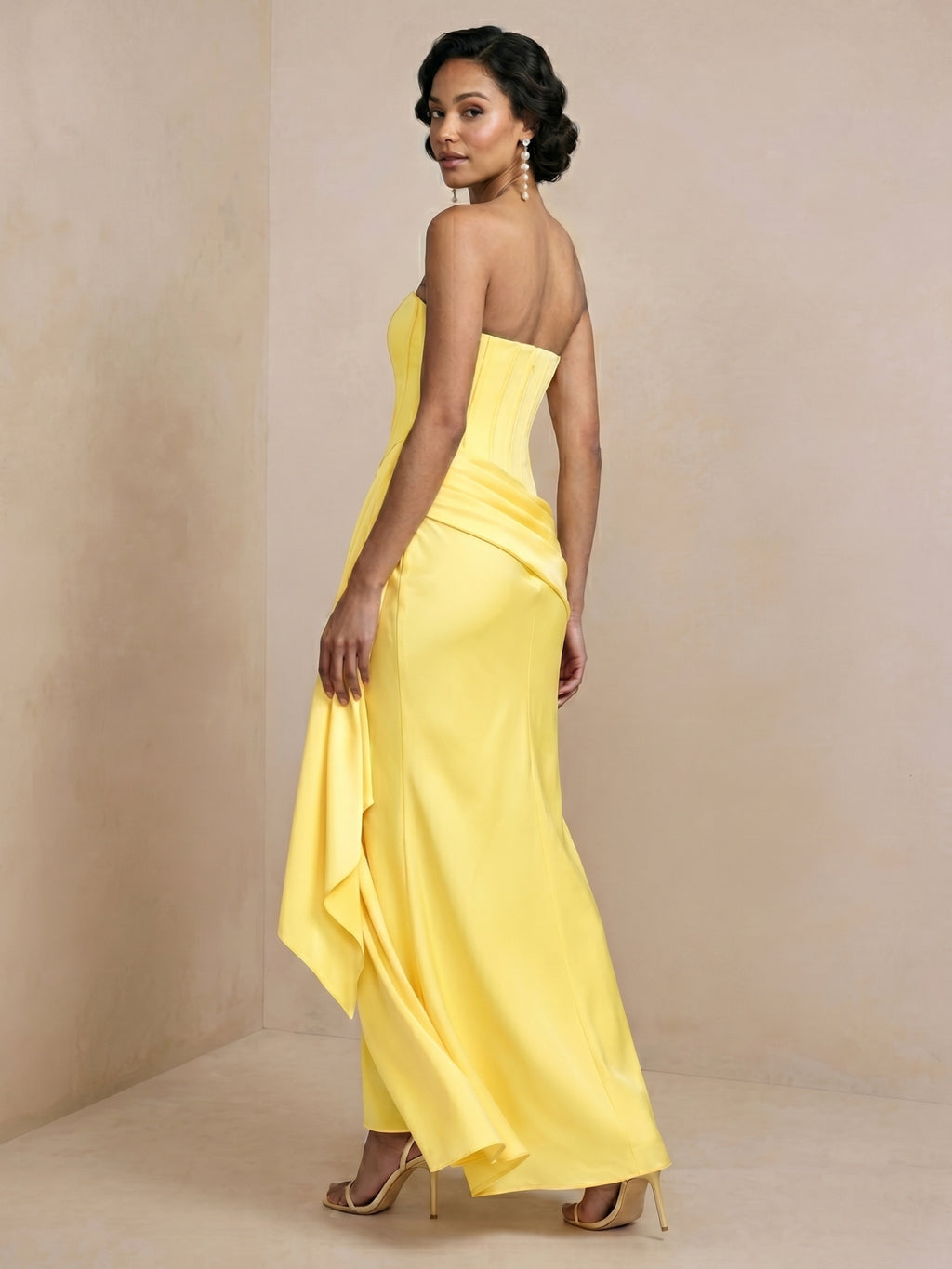 Sexy Lemon Satin Column Off-the-Shoulder Side Zip Ankle-Length Bridesmaid Dress