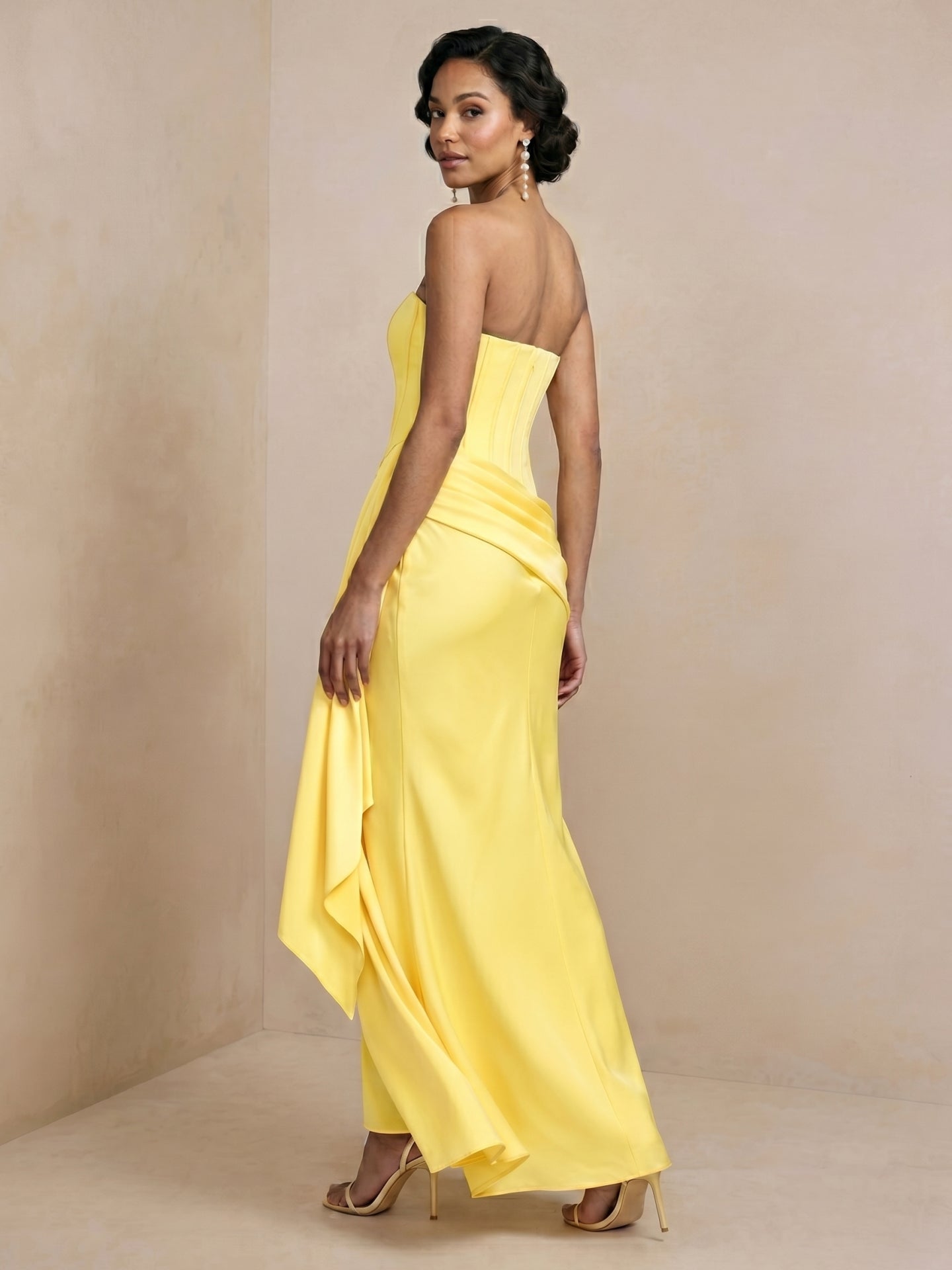 Sexy Lemon Satin Column Off-the-Shoulder Side Zip Ankle-Length Bridesmaid Dress