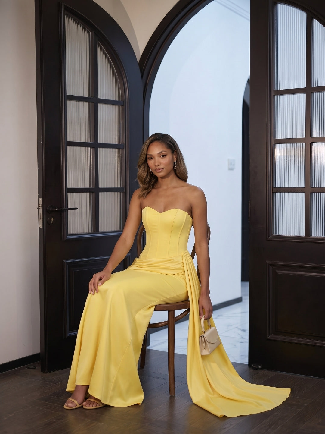 Sexy Lemon Satin Column Off-the-Shoulder Side Zip Ankle-Length Bridesmaid Dress