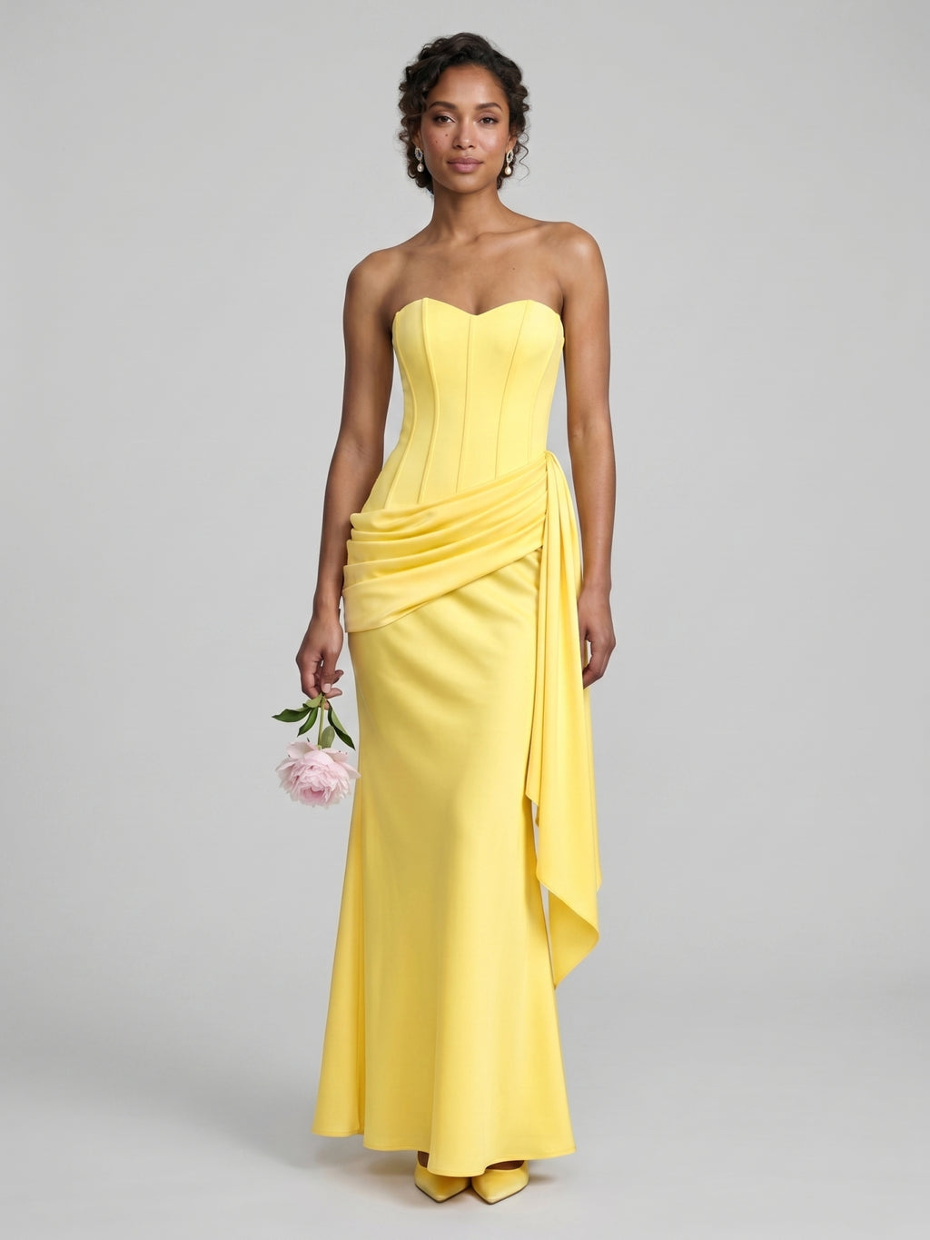 Sexy Lemon Satin Column Off-the-Shoulder Side Zip Ankle-Length Bridesmaid Dress