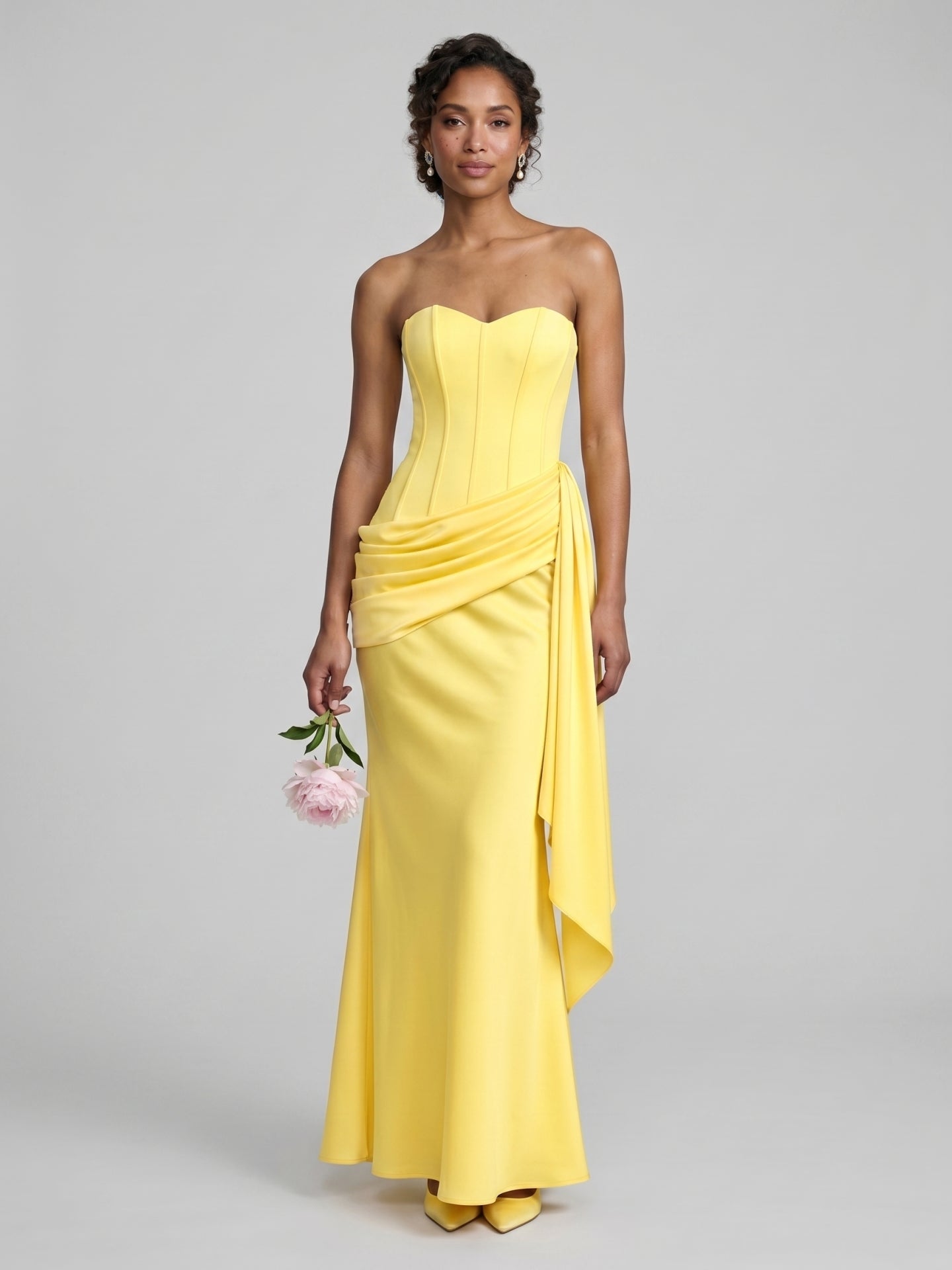Sexy Lemon Satin Column Off-the-Shoulder Side Zip Ankle-Length Bridesmaid Dress