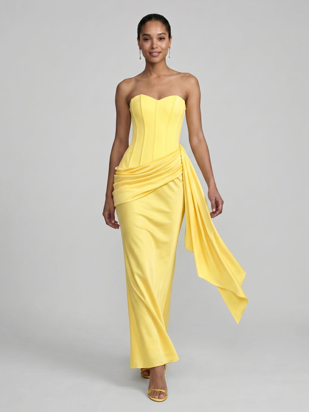 Sexy Lemon Satin Column Off-the-Shoulder Side Zip Ankle-Length Bridesmaid Dress