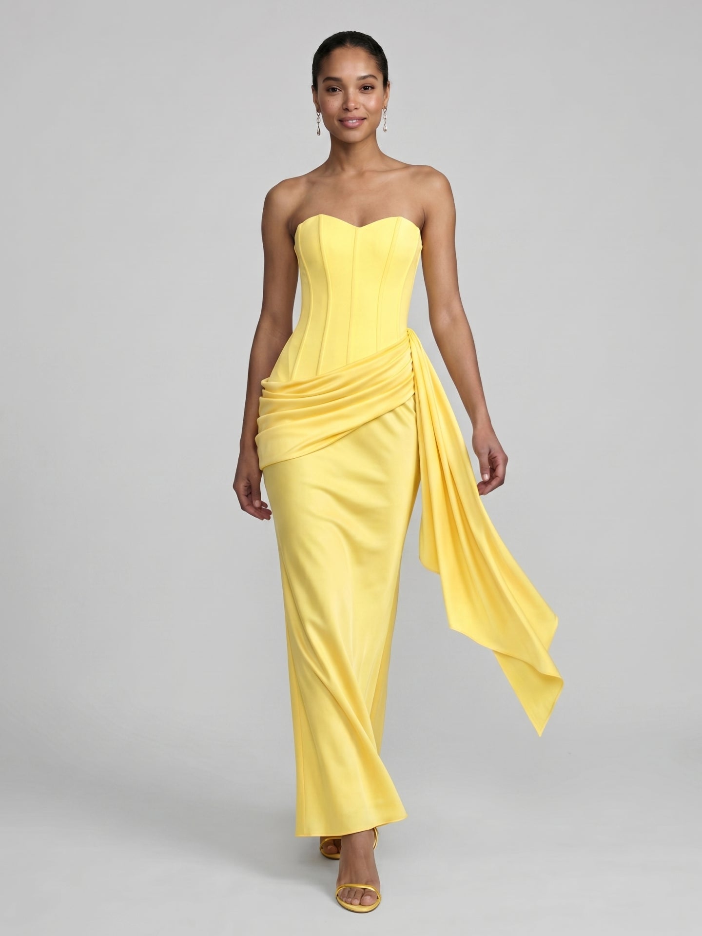 Sexy Lemon Satin Column Off-the-Shoulder Side Zip Ankle-Length Bridesmaid Dress