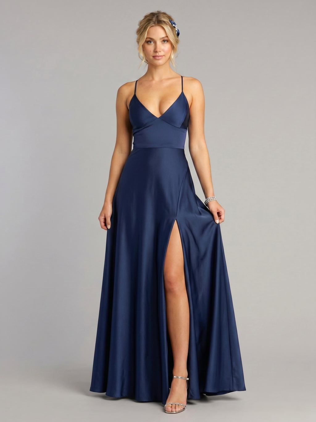 Sexy Navy Blue Satin A-Line V-Neck Criss-Cross Straps Ankle-Length Bridesmaid Dress