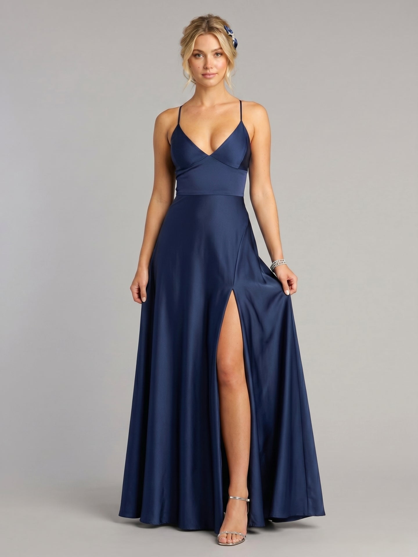 Sexy Navy Blue Satin A-Line V-Neck Criss-Cross Straps Ankle-Length Bridesmaid Dress