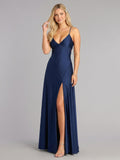 Sexy Navy Blue Satin A-Line V-Neck Criss-Cross Straps Ankle-Length Bridesmaid Dress