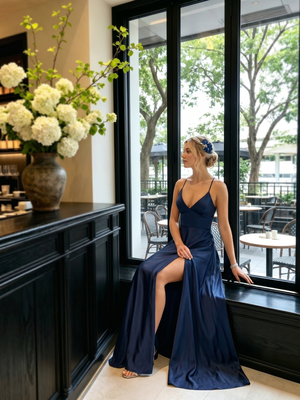 Sexy Navy Blue Satin A-Line V-Neck Criss-Cross Straps Ankle-Length Bridesmaid Dress