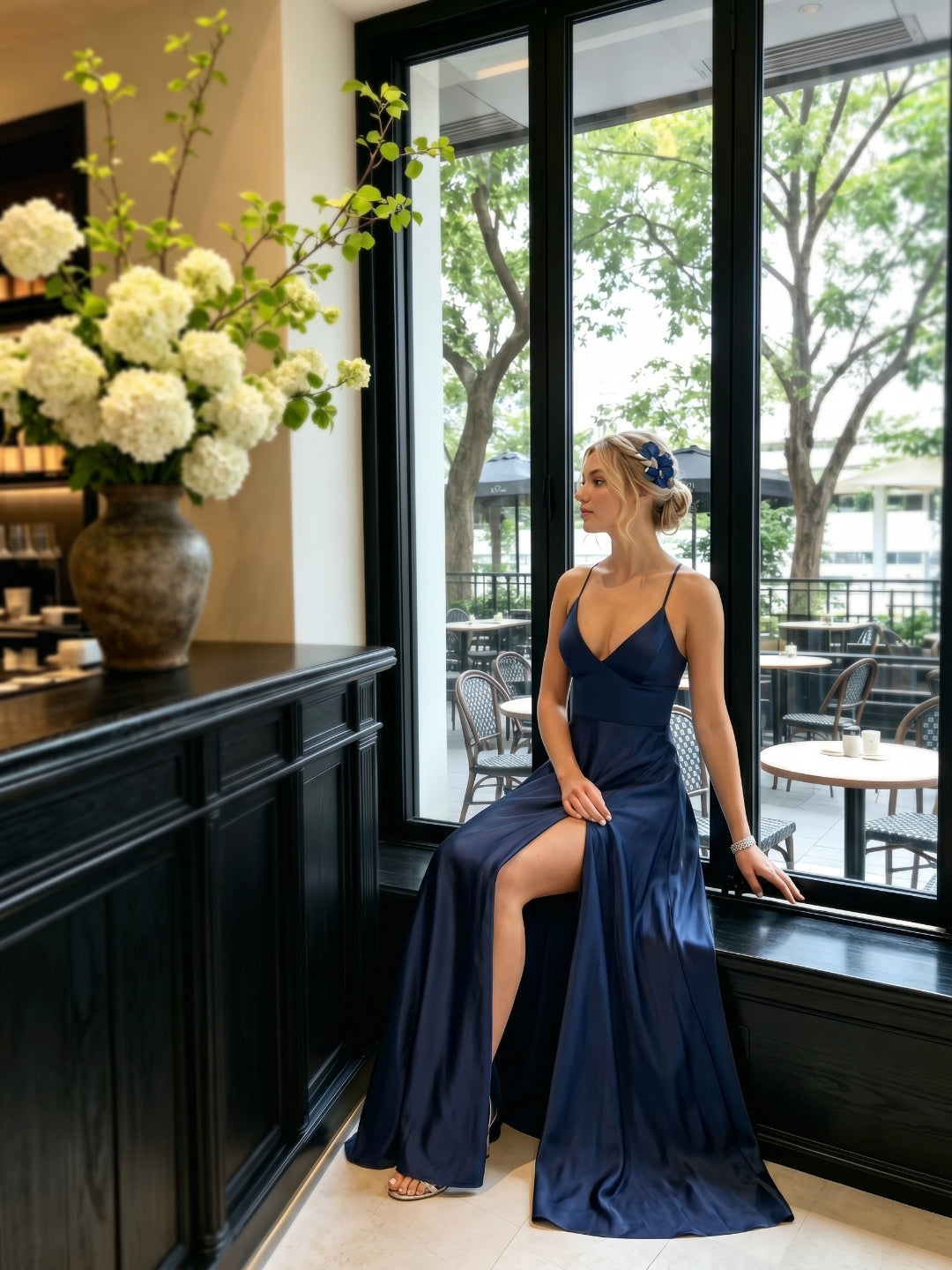 Sexy Navy Blue Satin A-Line V-Neck Criss-Cross Straps Ankle-Length Bridesmaid Dress