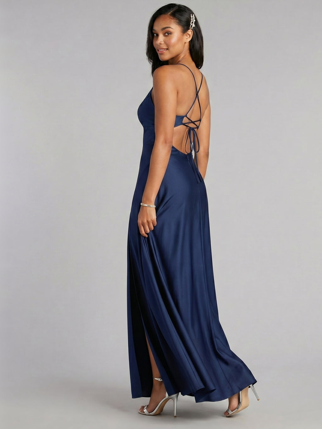 Sexy Navy Blue Satin A-Line V-Neck Criss-Cross Straps Ankle-Length Bridesmaid Dress
