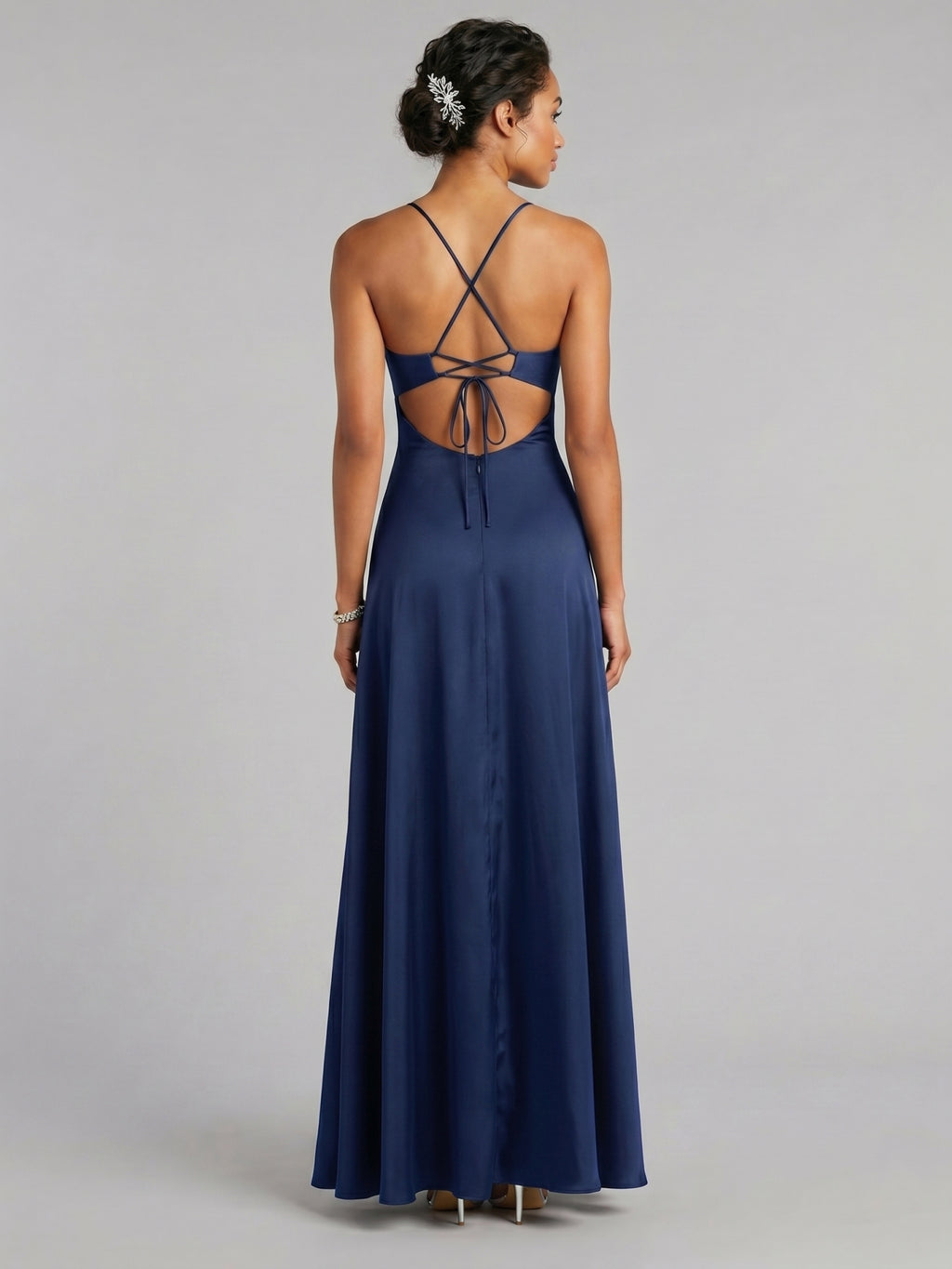 Sexy Navy Blue Satin A-Line V-Neck Criss-Cross Straps Ankle-Length Bridesmaid Dress