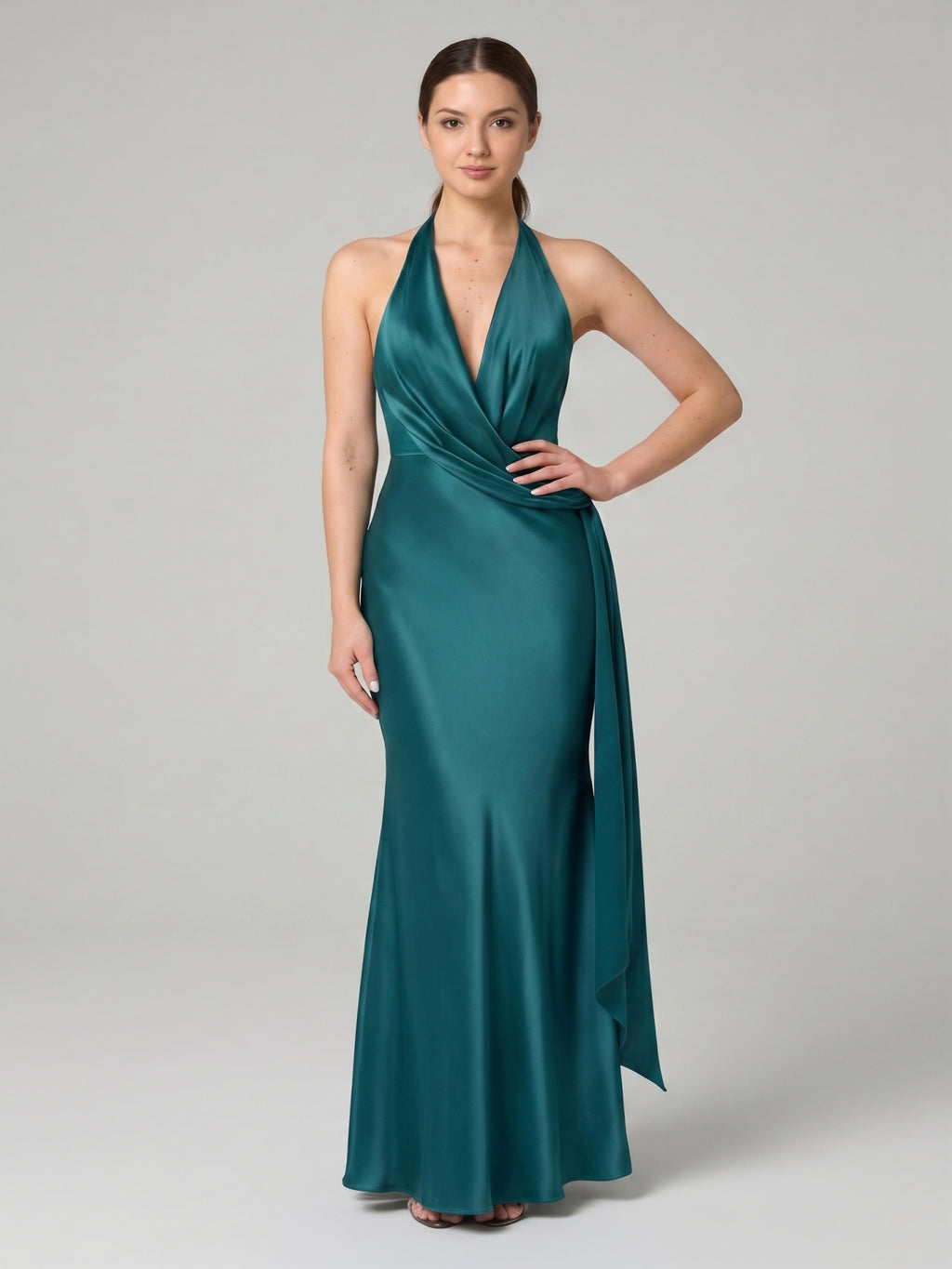 Sexy Peacock Satin mermaid V-Neck Backless with Pleated Ankle-Length Bridesmaid Dress
