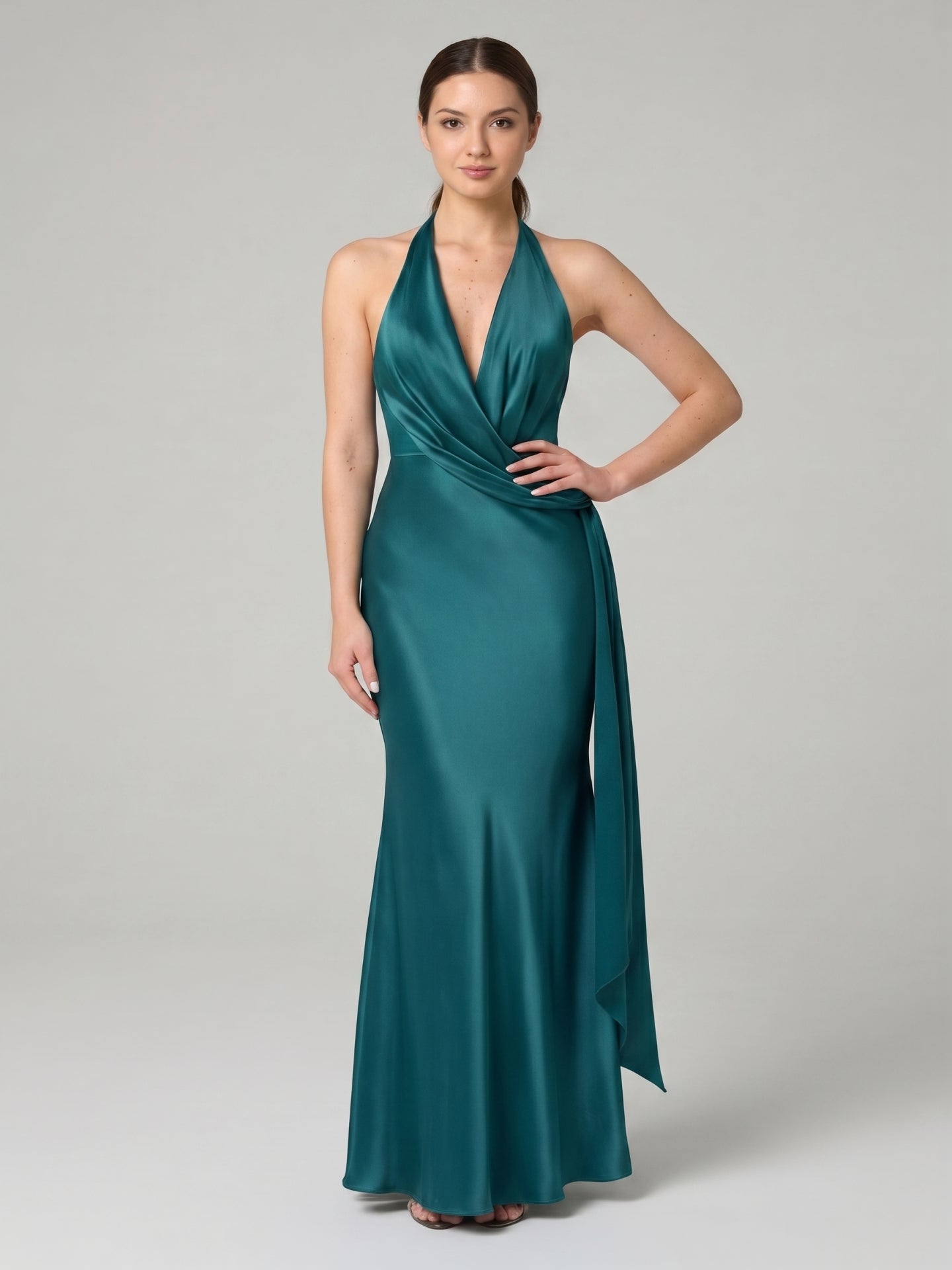 Sexy Peacock Satin mermaid V-Neck Backless with Pleated Ankle-Length Bridesmaid Dress
