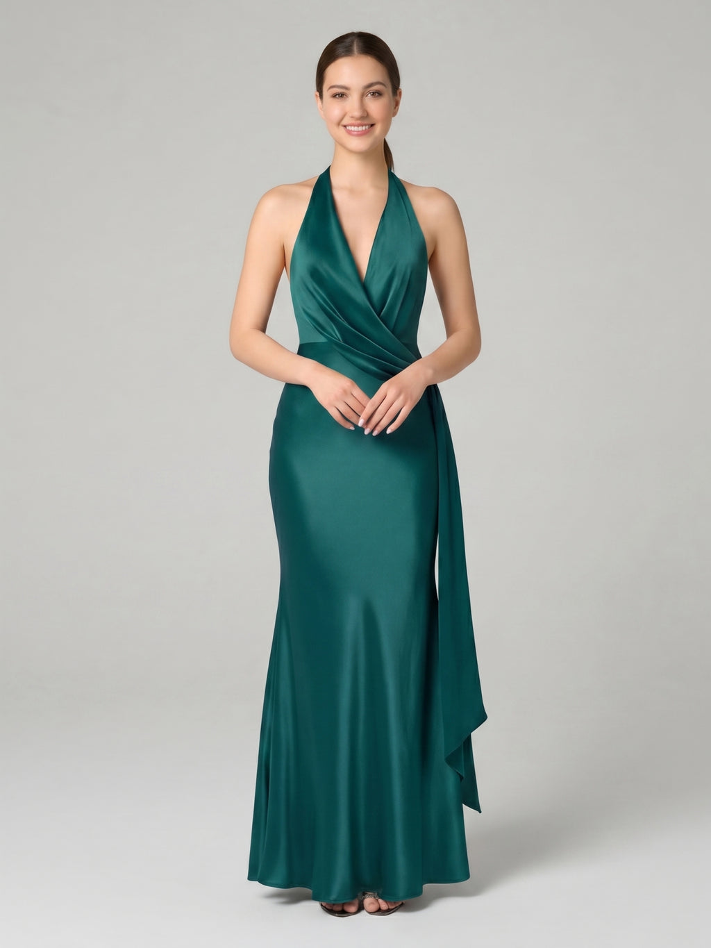 Sexy Peacock Satin mermaid V-Neck Backless with Pleated Ankle-Length Bridesmaid Dress