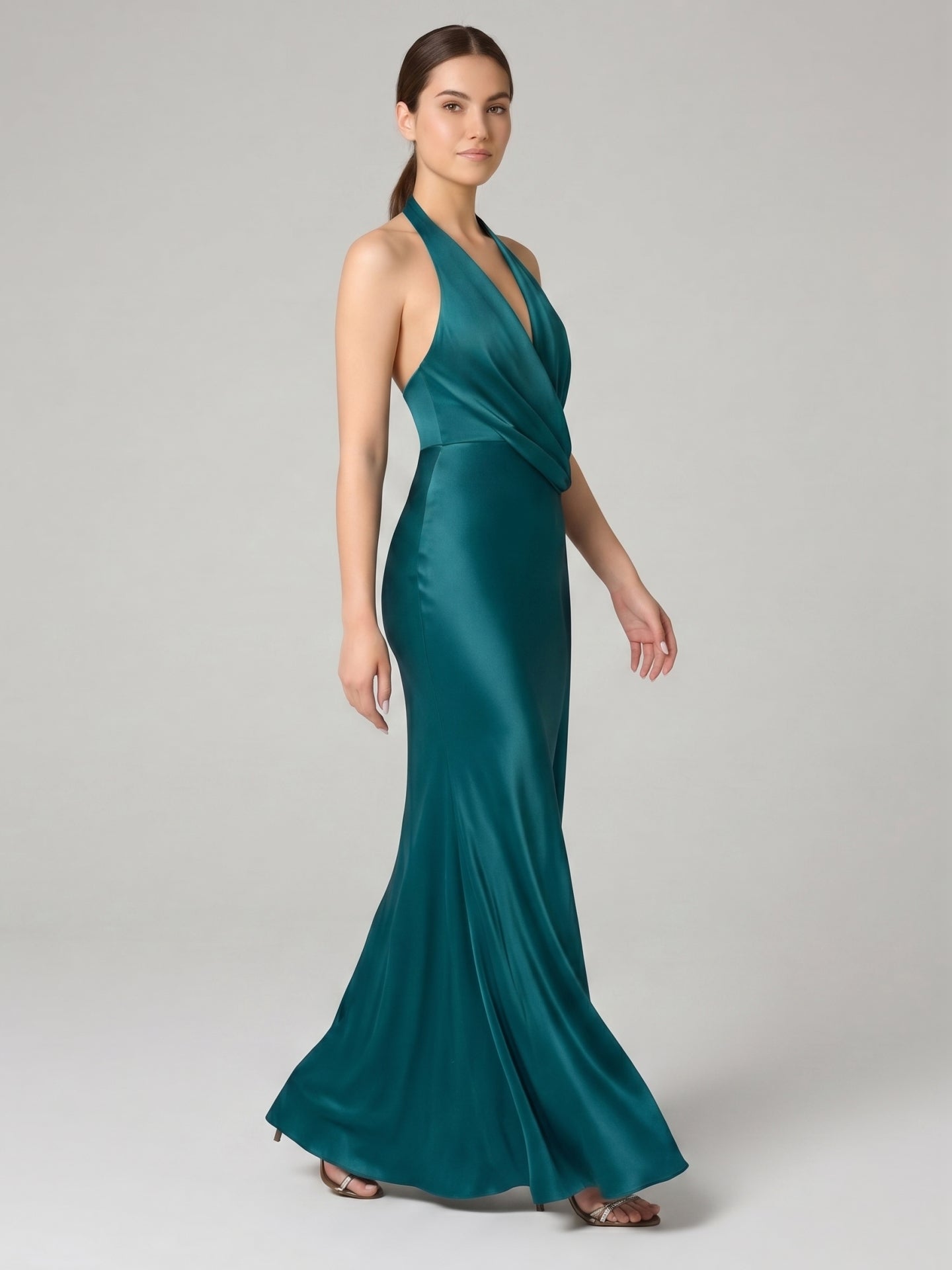 Sexy Peacock Satin mermaid V-Neck Backless with Pleated Ankle-Length Bridesmaid Dress