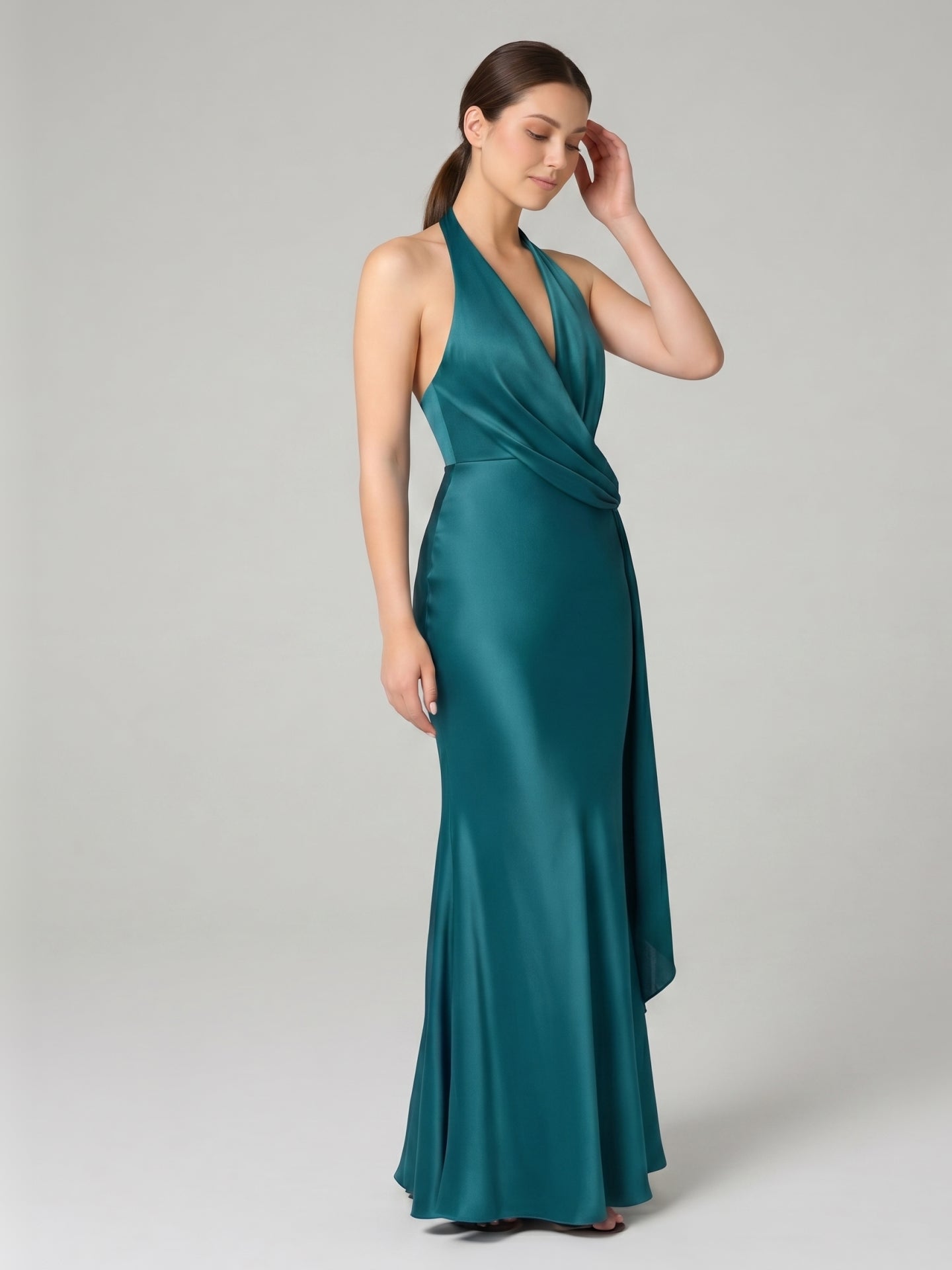 Sexy Peacock Satin mermaid V-Neck Backless with Pleated Ankle-Length Bridesmaid Dress