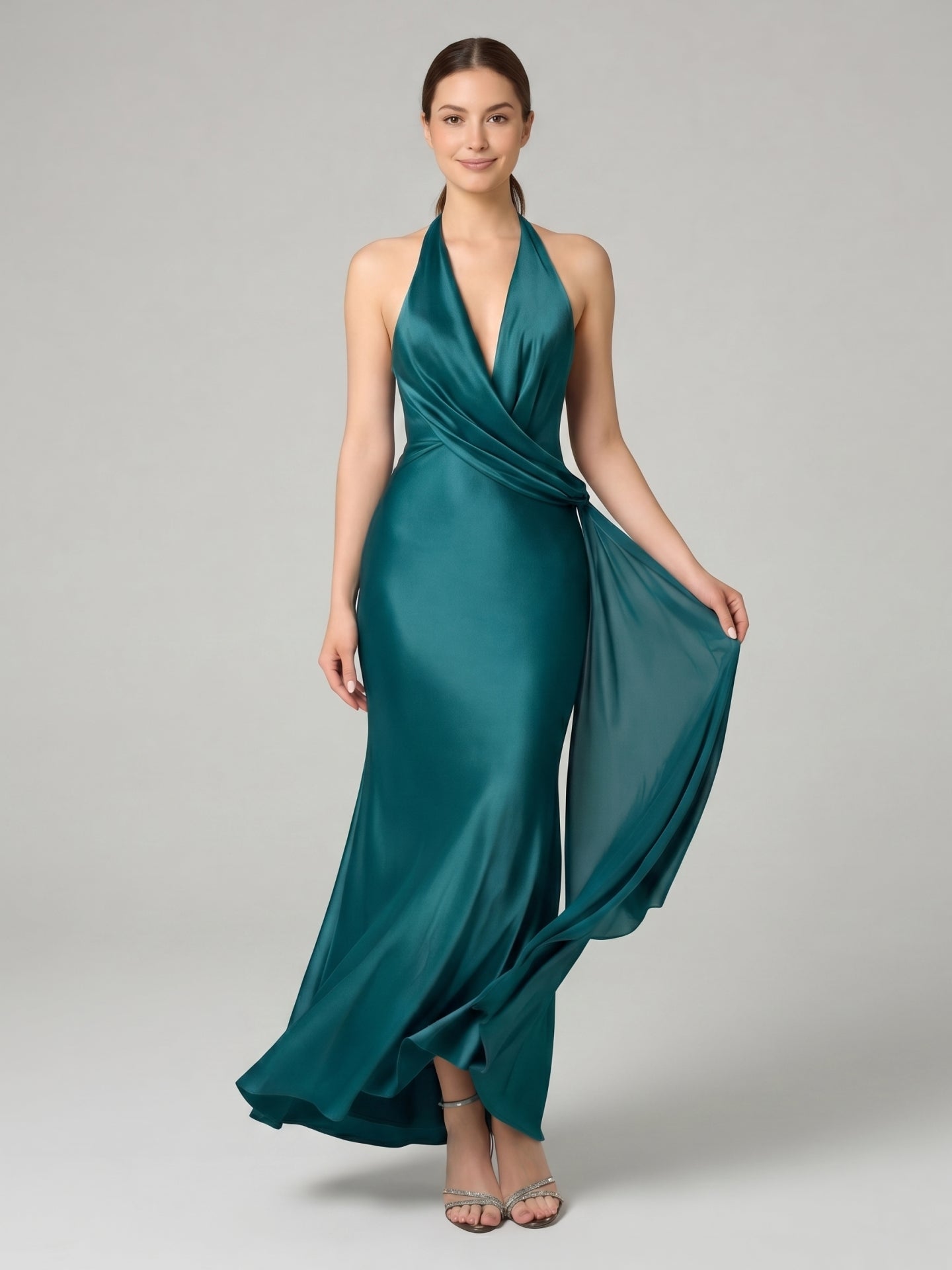 Sexy Peacock Satin mermaid V-Neck Backless with Pleated Ankle-Length Bridesmaid Dress