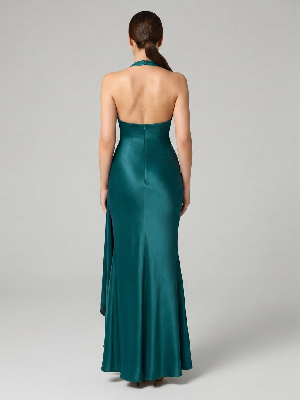 Sexy Peacock Satin mermaid V-Neck Backless with Pleated Ankle-Length Bridesmaid Dress