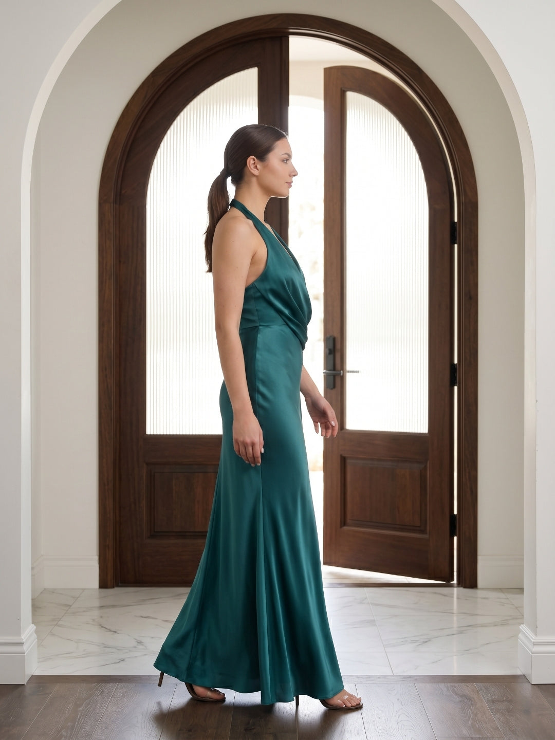Sexy Peacock Satin mermaid V-Neck Backless with Pleated Ankle-Length Bridesmaid Dress