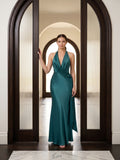 Sexy Peacock Satin mermaid V-Neck Backless with Pleated Ankle-Length Bridesmaid Dress