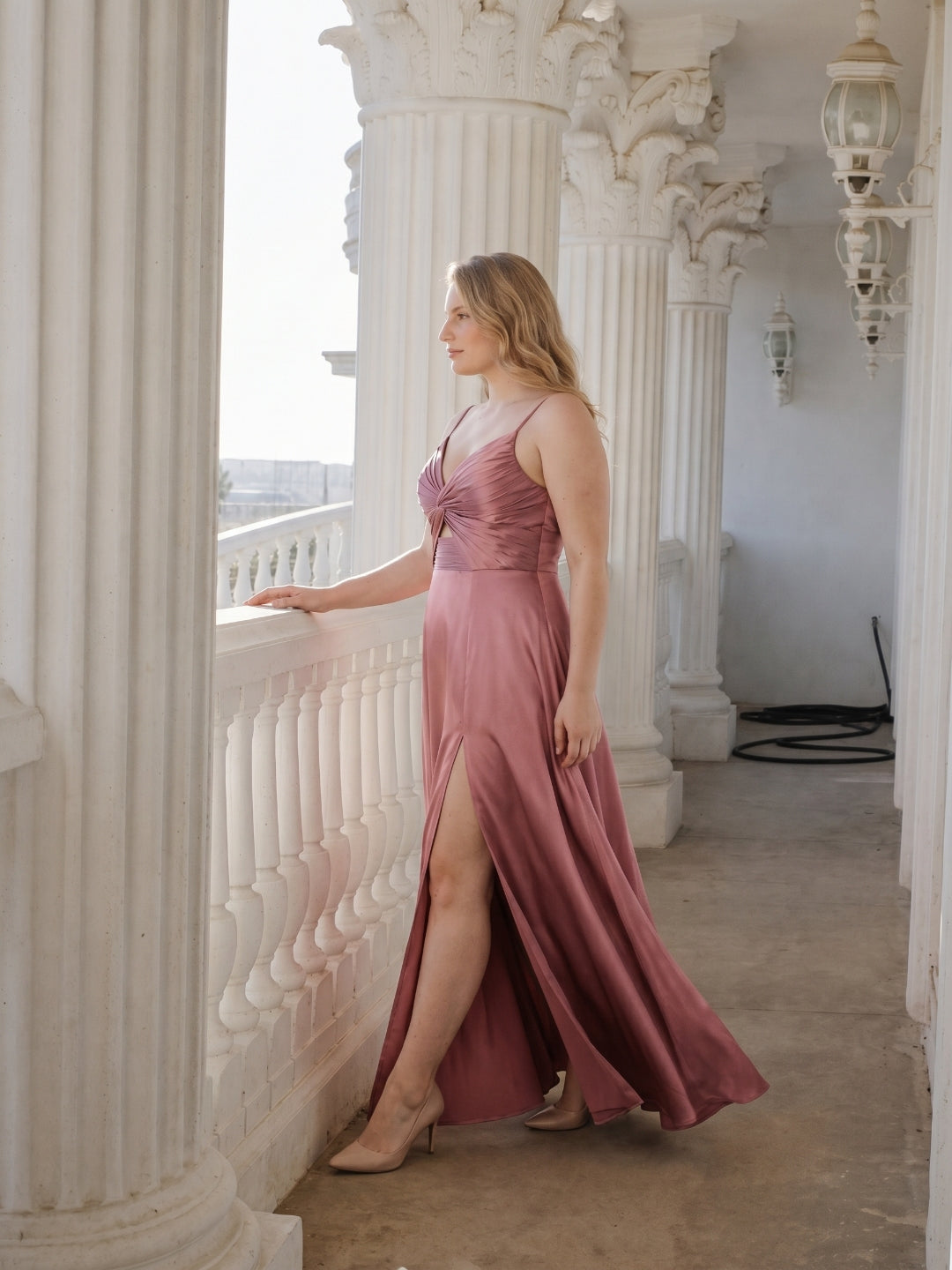 Sexy Rose Gold Satin A-Line V-Neck Back Zip with Beaded Details Ankle-Length Plus Size Bridesmaid Dress
