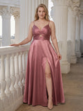 Sexy Rose Gold Satin A-Line V-Neck Back Zip with Beaded Details Ankle-Length Plus Size Bridesmaid Dress