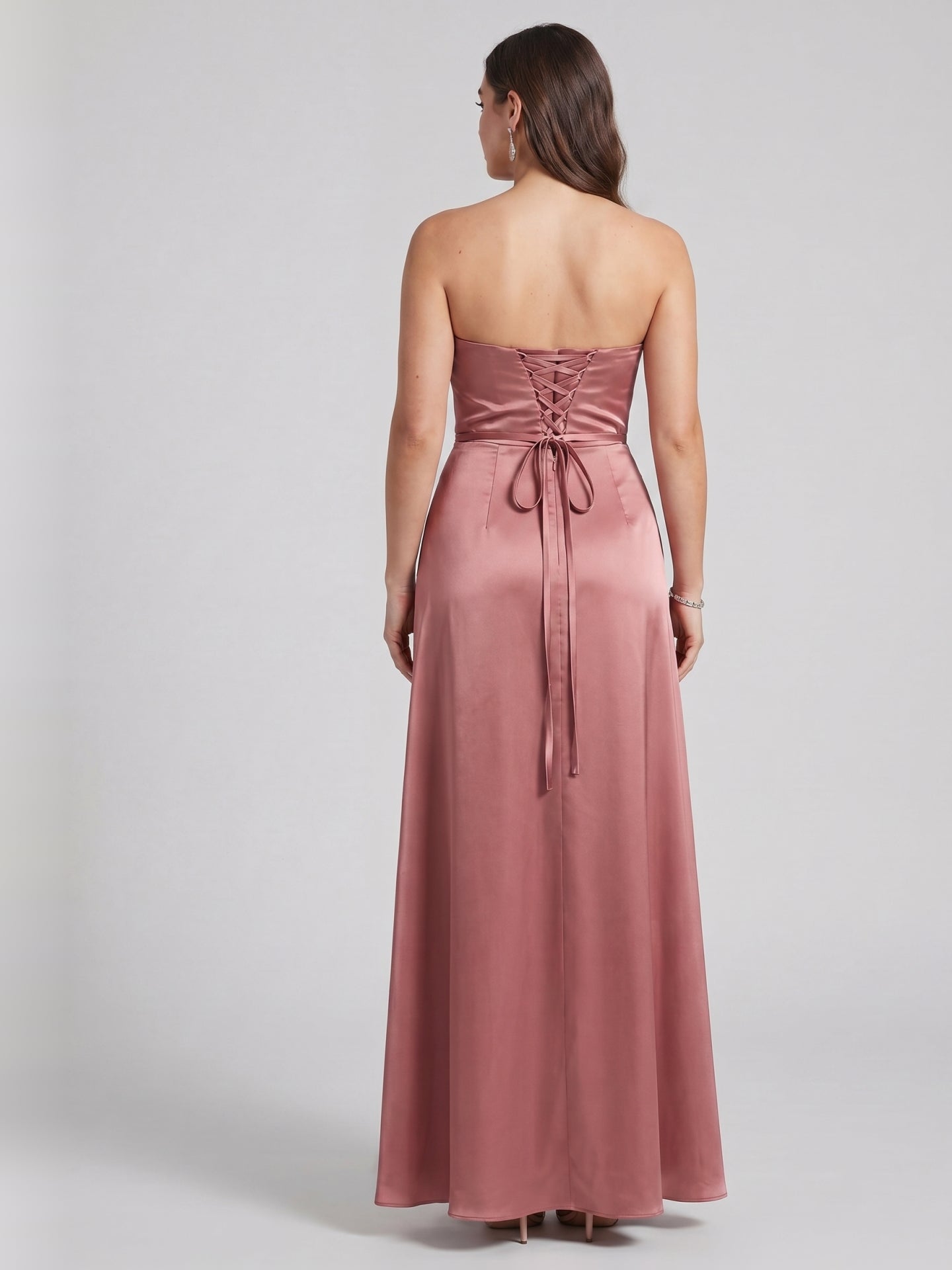 Sexy Rose Gold Satin Sheath Off-the-Shoulder Criss-Cross Straps Ankle-Length Bridesmaid Dress with Bow