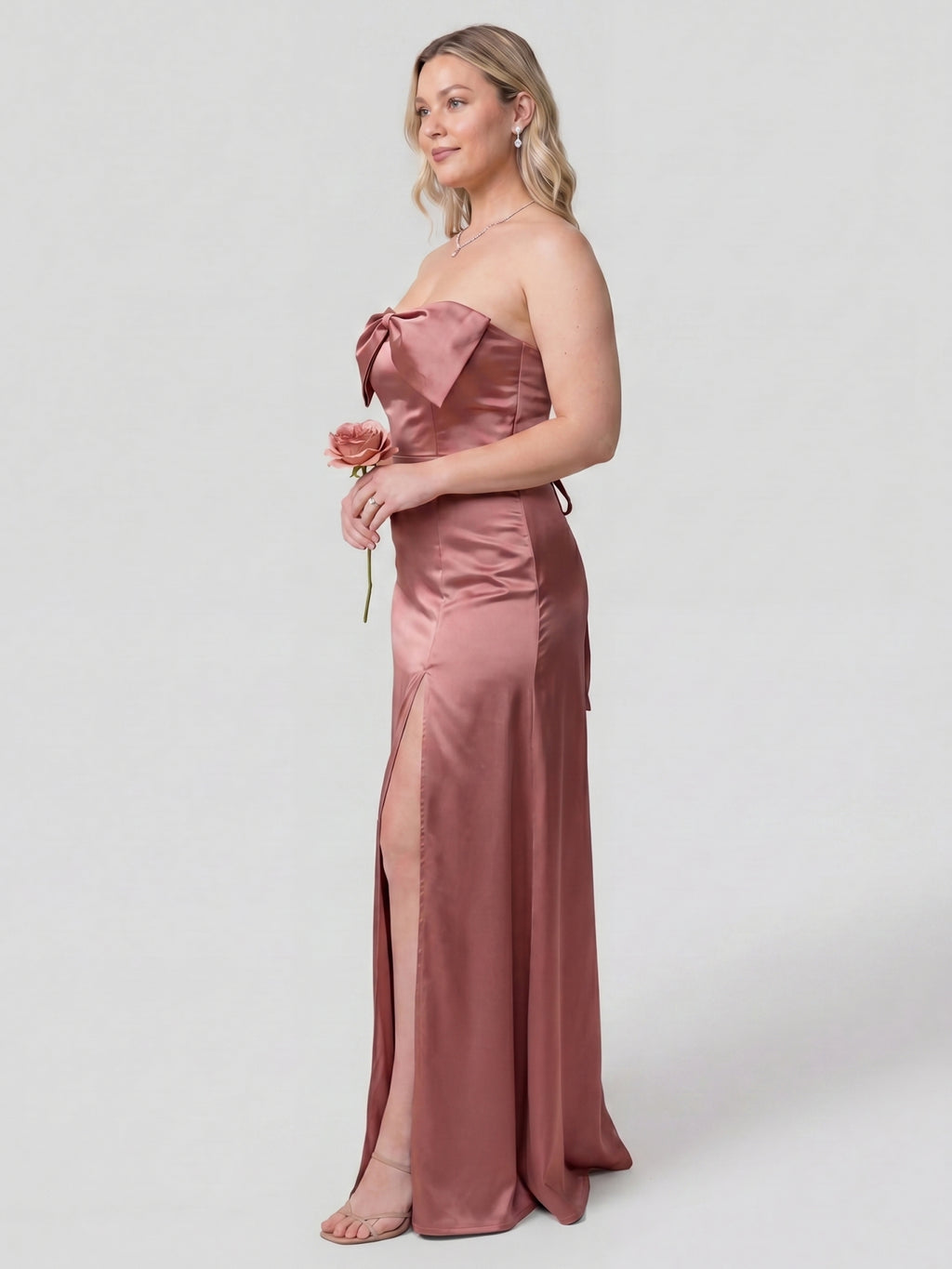 Sexy Rose Gold Satin Sheath Off-the-Shoulder Criss-Cross Straps Ankle-Length Bridesmaid Dress with Bow