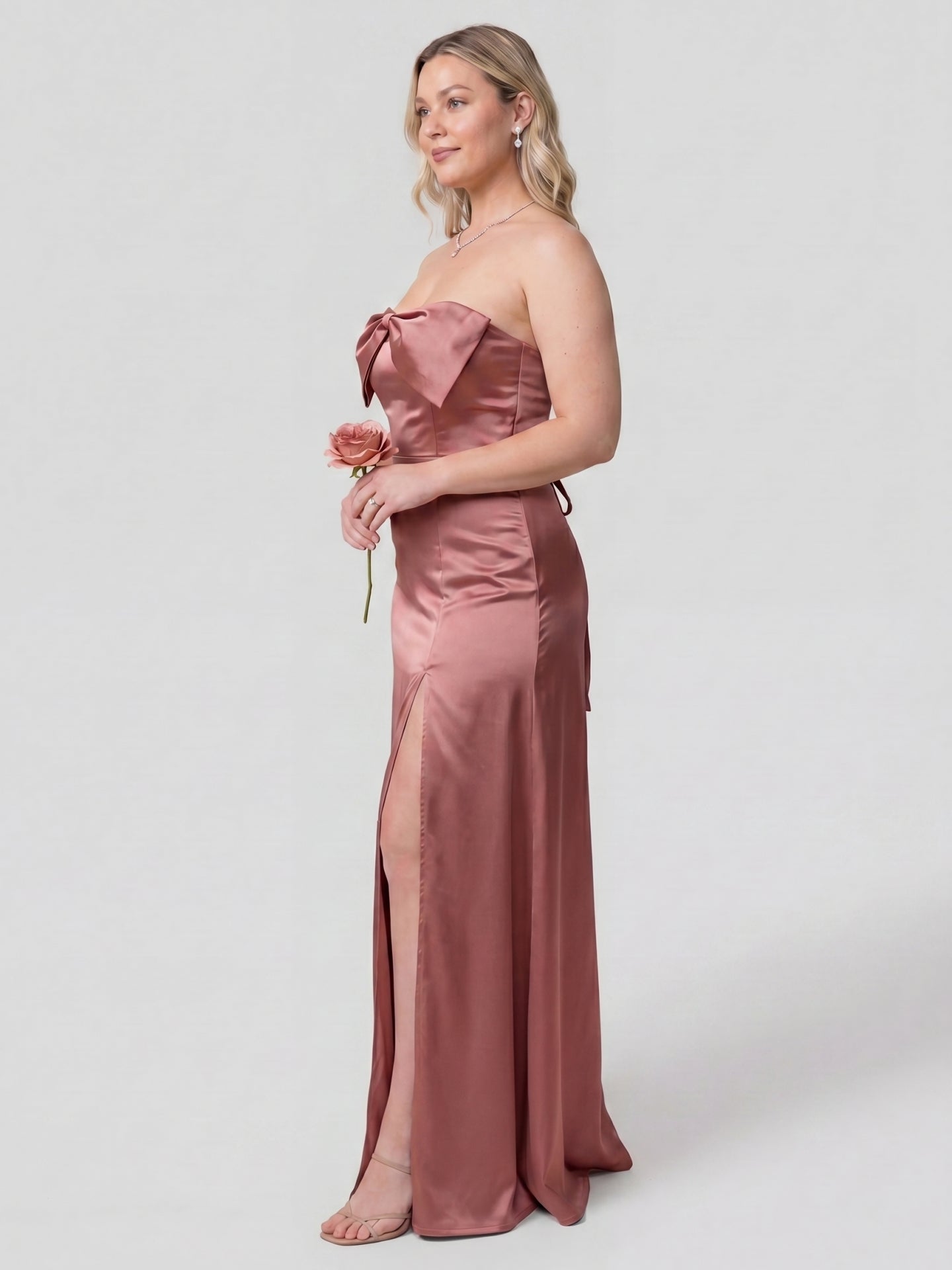 Sexy Rose Gold Satin Sheath Off-the-Shoulder Criss-Cross Straps Ankle-Length Bridesmaid Dress with Bow