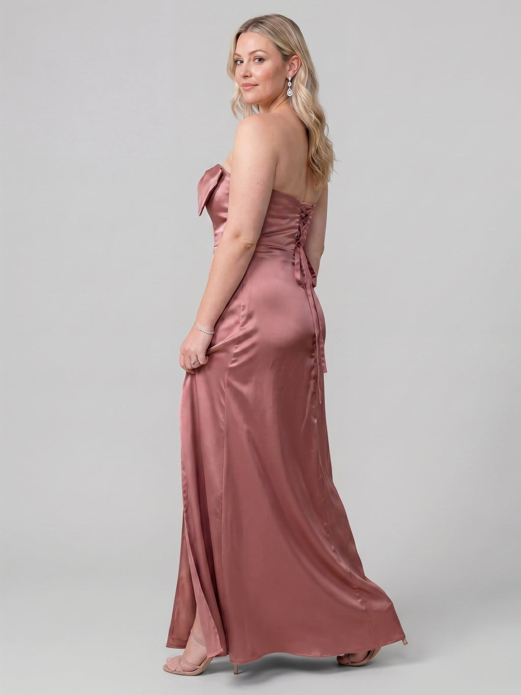 Sexy Rose Gold Satin Sheath Off-the-Shoulder Criss-Cross Straps Ankle-Length Bridesmaid Dress with Bow