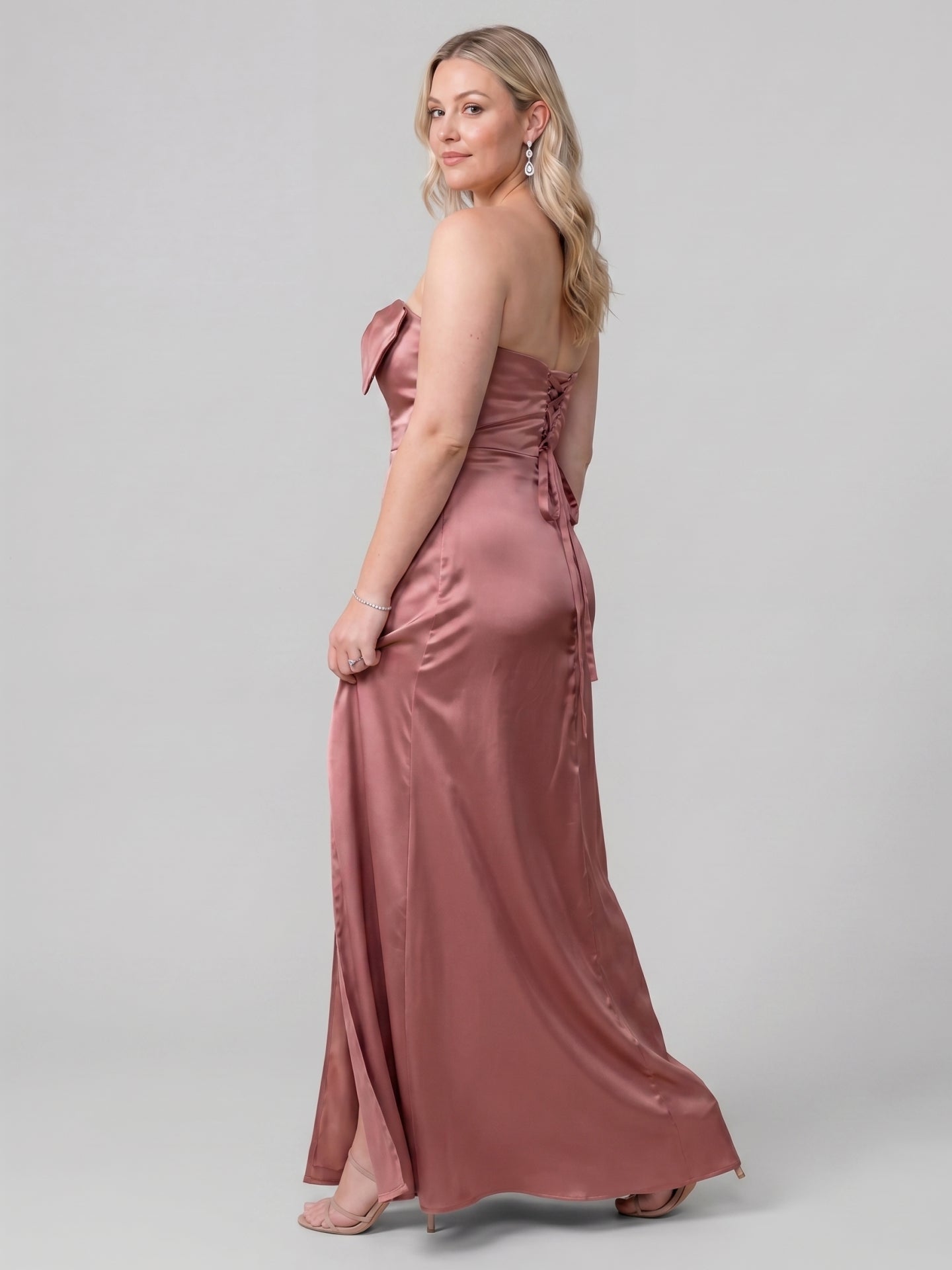 Sexy Rose Gold Satin Sheath Off-the-Shoulder Criss-Cross Straps Ankle-Length Bridesmaid Dress with Bow