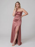 Sexy Rose Gold Satin Sheath Off-the-Shoulder Criss-Cross Straps Ankle-Length Bridesmaid Dress with Bow