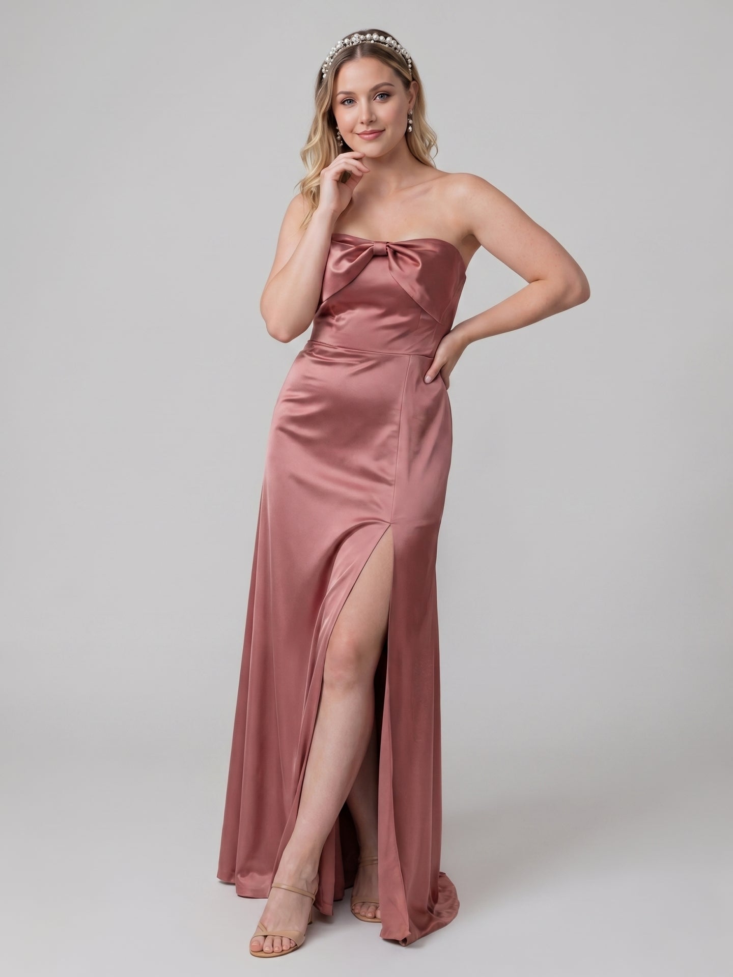 Sexy Rose Gold Satin Sheath Off-the-Shoulder Criss-Cross Straps Ankle-Length Bridesmaid Dress with Bow