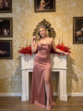 Sexy Rose Gold Satin Sheath Off-the-Shoulder Criss-Cross Straps Ankle-Length Bridesmaid Dress with Bow