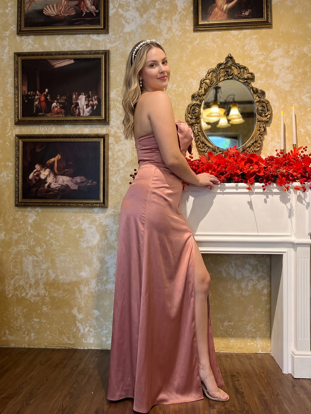 Sexy Rose Gold Satin Sheath Off-the-Shoulder Criss-Cross Straps Ankle-Length Bridesmaid Dress with Bow
