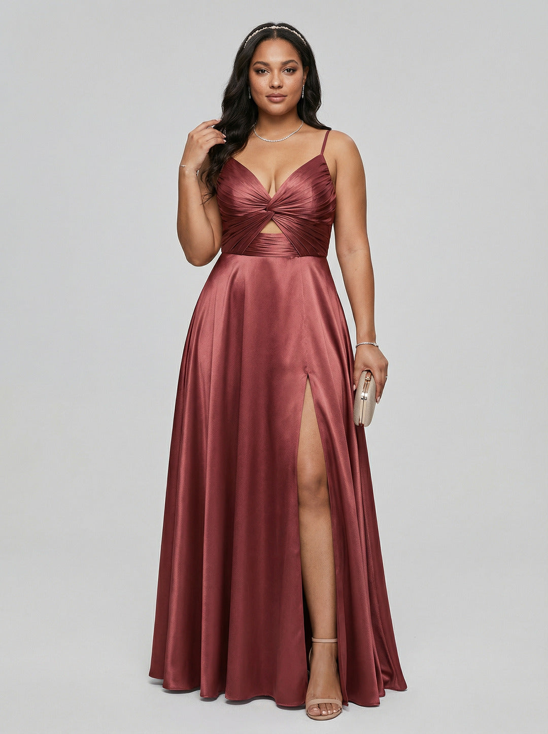 Sexy Rosewood Satin A-Line V-Neck Back Zip with Beaded Details Ankle-Length Plus Size Bridesmaid Dress