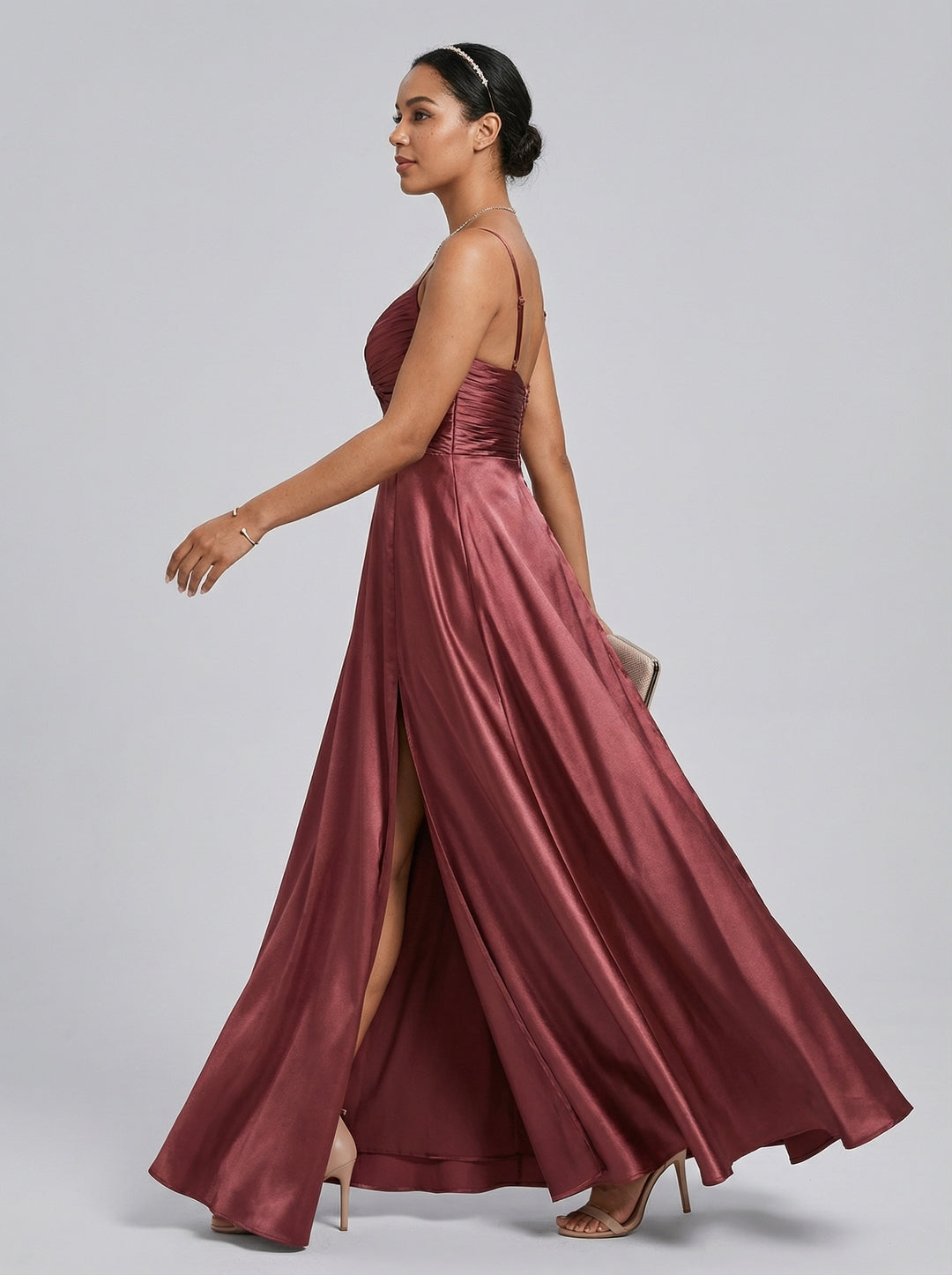 Sexy Rosewood Satin A-Line V-Neck Back Zip with Beaded Details Ankle-Length Plus Size Bridesmaid Dress