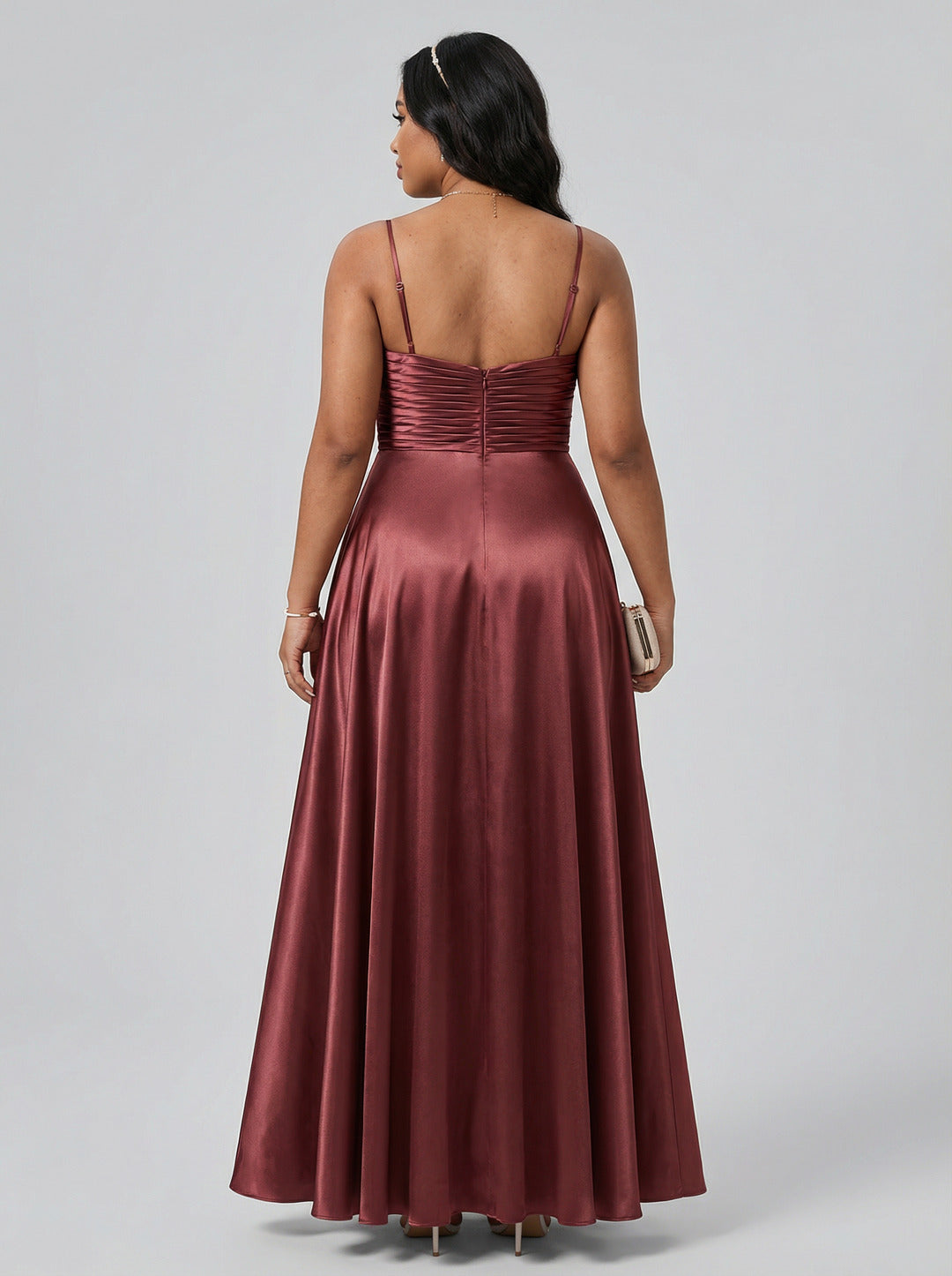 Sexy Rosewood Satin A-Line V-Neck Back Zip with Beaded Details Ankle-Length Plus Size Bridesmaid Dress