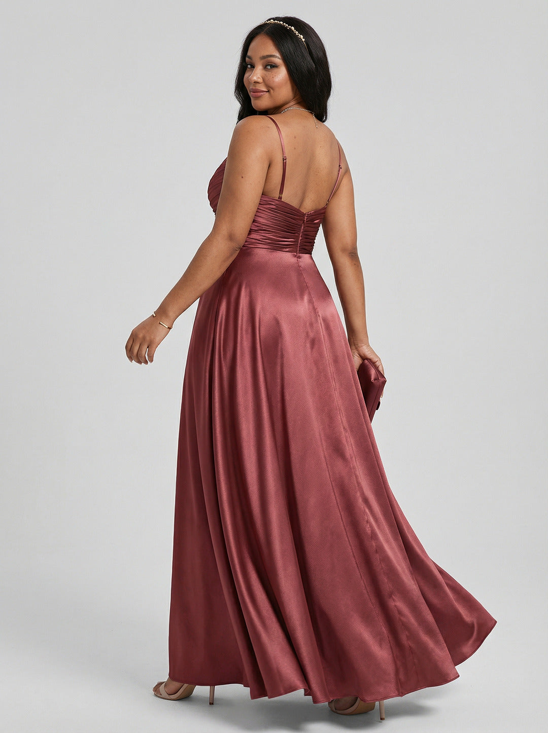 Sexy Rosewood Satin A-Line V-Neck Back Zip with Beaded Details Ankle-Length Plus Size Bridesmaid Dress
